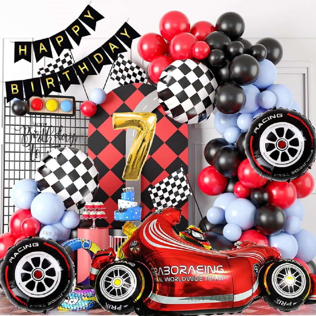 ARV ZONE Racing Car Balloons Party Decorations - 7th Birthday Decorations for Boys, Race Car Balloons Motorbike Wheel Balloons, Race Car Theme Party Decorations (RC 7)