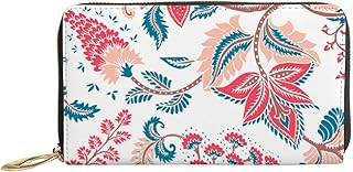Carteiras femininas de couro genuíno flores onduladas tribal elementos paisley estojo porta-cartão de crédito com zíper organizador de embreagem de couro feminino bolsa longa de viagem, Elementos tribais Paisley ondulados de flores, 7x4.3x0.8 Inches