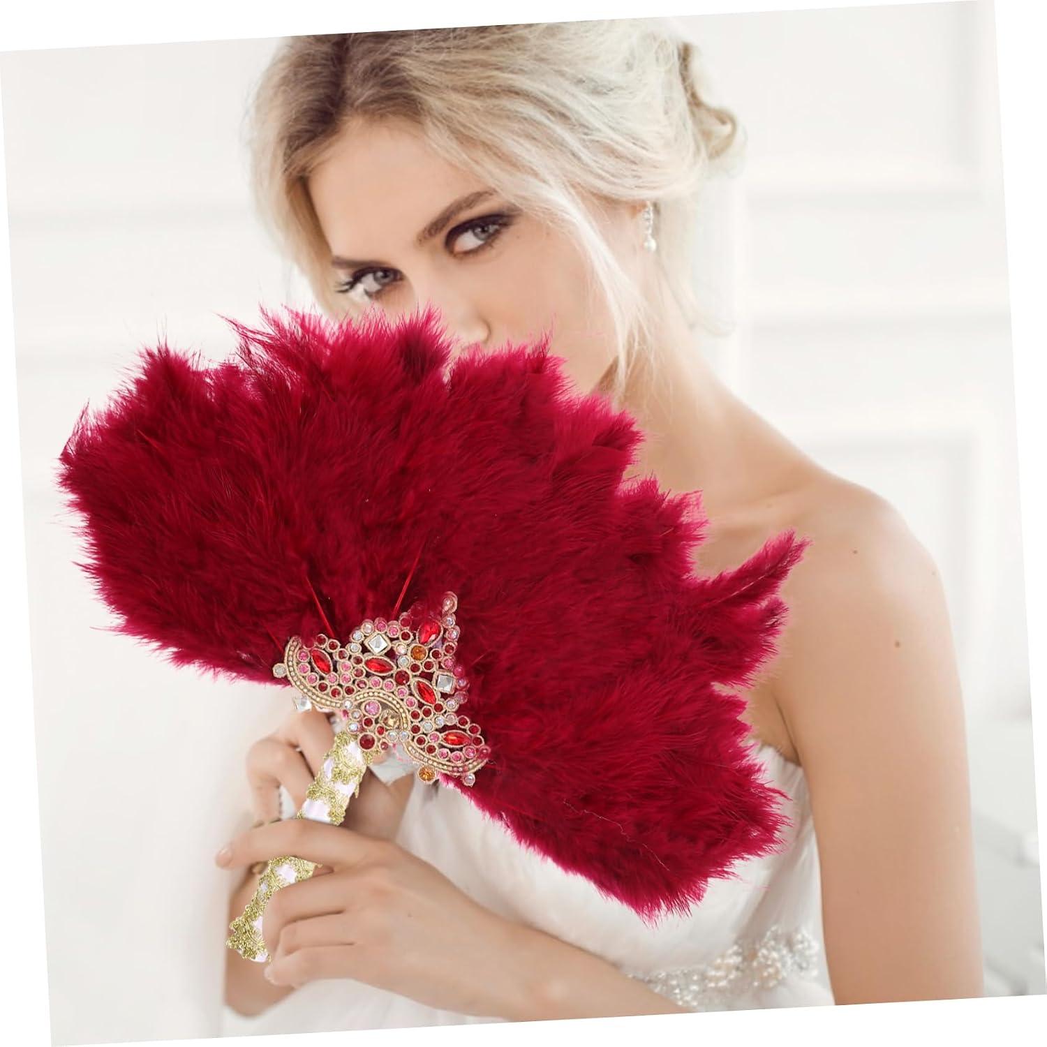 Hand Fan for Women Wedding Bridal Fan Rhinestone Plume Design for Bride
