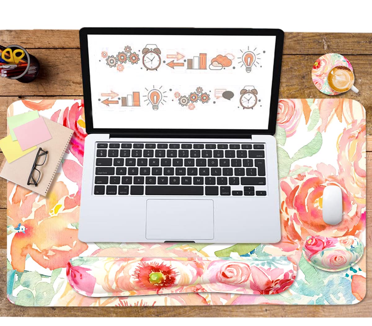 Grand tapis de souris étendu + repose-poignet pour clavier, tapis de bureau ergonomique en mousse à mémoire de forme pour taper facilement, 90 x 40 cm – Motif fleurs