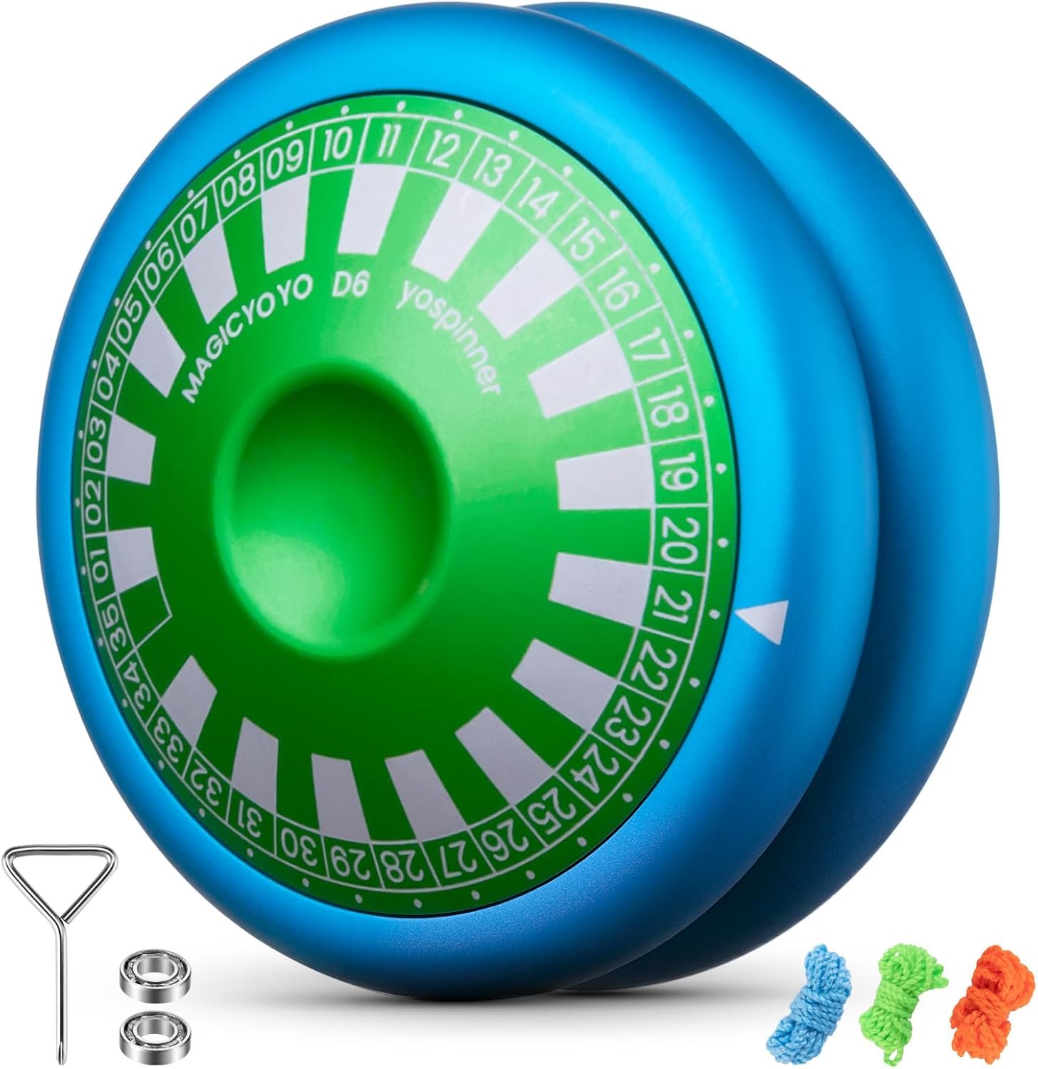 MAGICYOYO D6 Multifunctional Yoyo for Kids, Professional Finger Spin Yoyo with Responsive & Unresponsive Functions, Metal 2A Trick Yo-yo, Kids & Adults Friendly Gift Toy (Blue with Green Cap)
