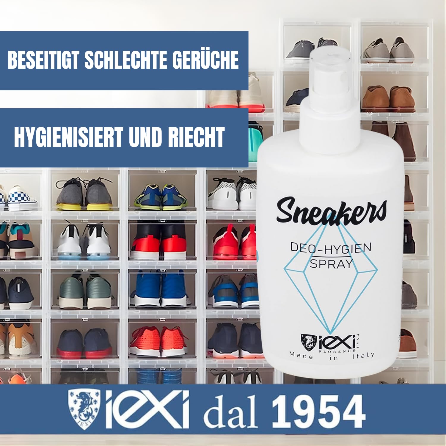 IEXI Deo HYGIEN - Schuhdeo Schuh Desinfektionsspray 200ml - Schuhspray gegen Geruch & Bakterien | Geruchsentferner für Schuhe - Parfüm für Schuhe aller Art - Schuhspray gegen Fußgeruch