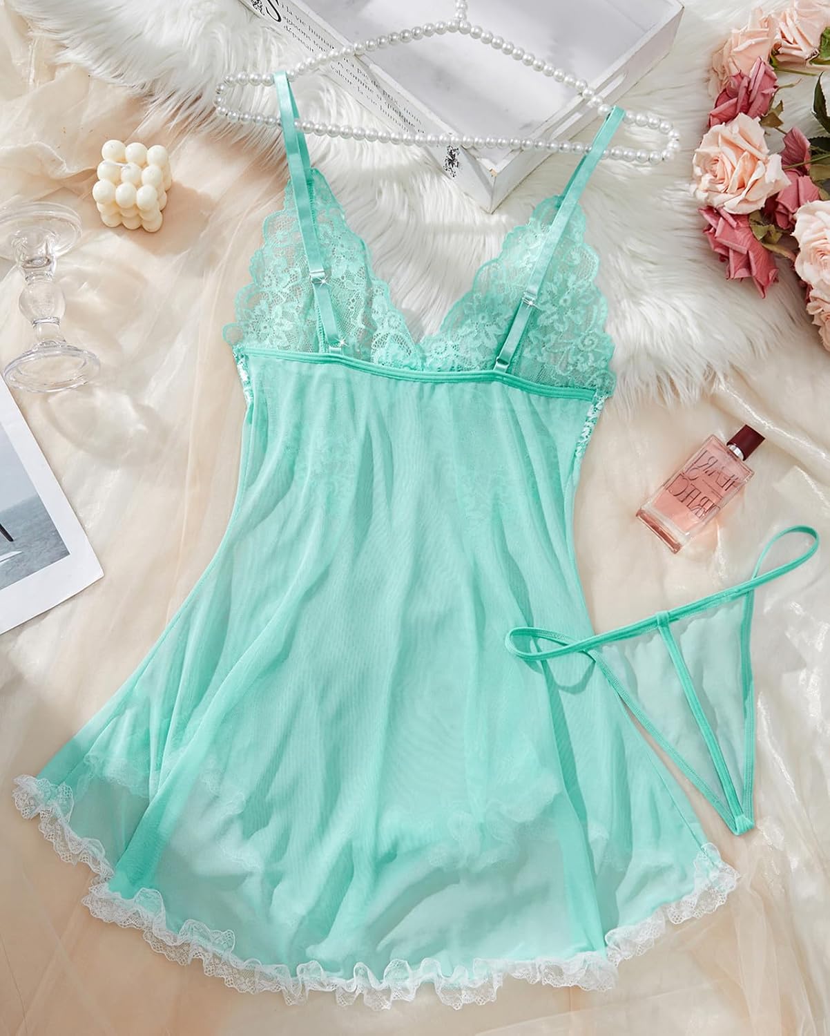 Women Sexy Lingerie Babydoll Dress Lace Chemise Sleepwear Mesh Nightgown with Thong - Image 8