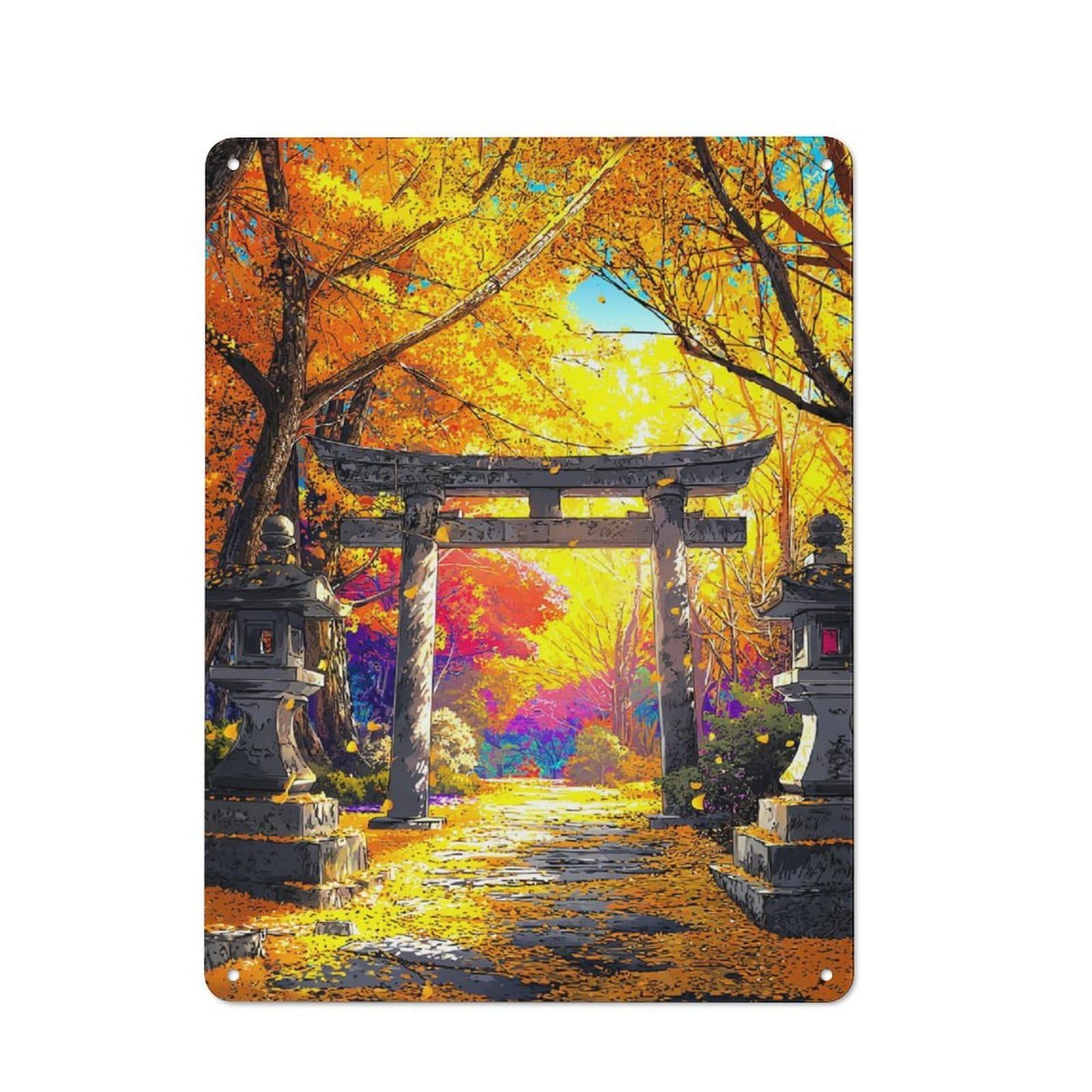 Autumnal Torii Gate Scene Old Style Metal Wall Decor 40x30cm, Decorative Tin Plaque for Cafe, Pub, Workshop Or Home Bar