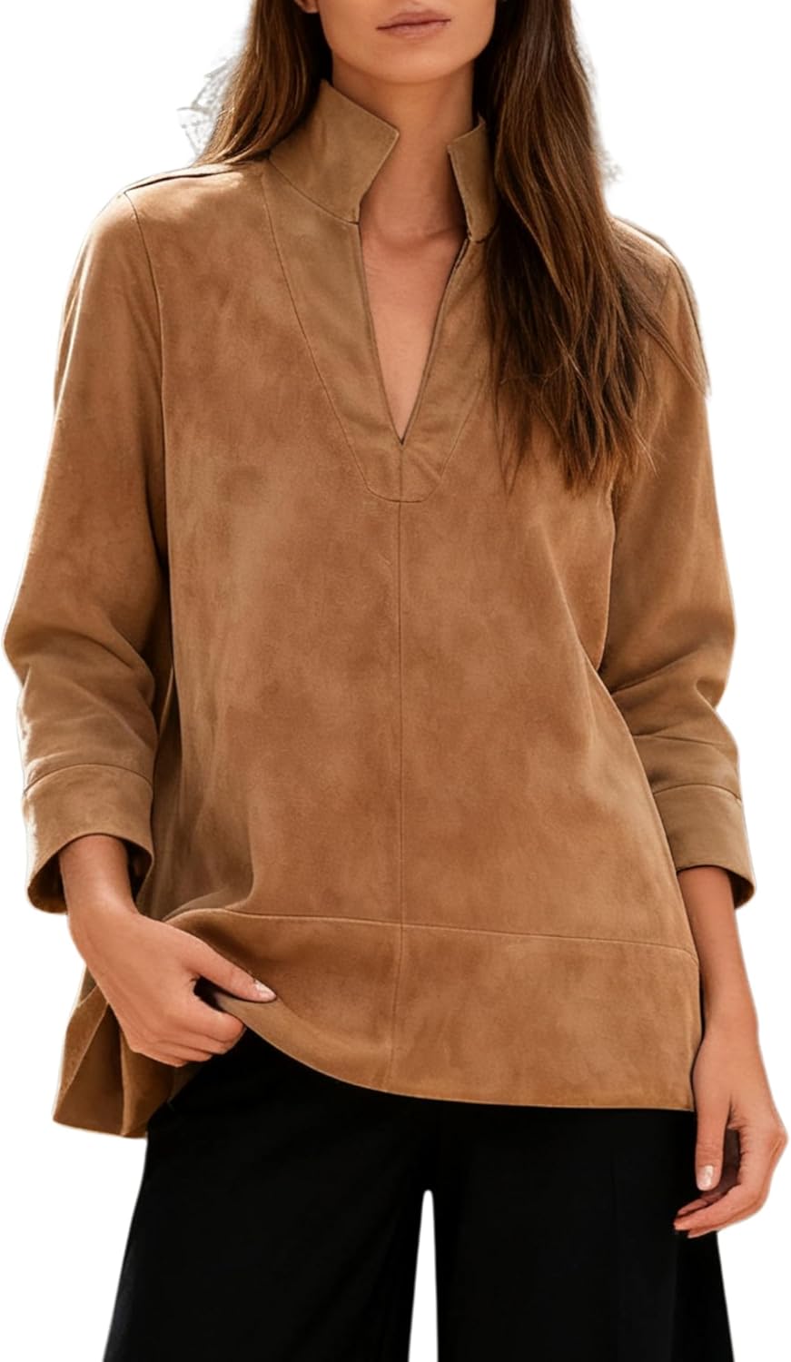 Women's Faux Suede Tunic Tops V Neck 3/4 Sleeve Stand Collar Shirts Dressy Trendy Blouses Casual Daily Wear