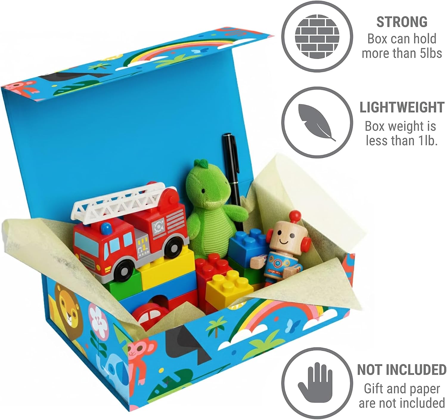 Sorarto Birthday Box for Kids – Jungle Animal Memory Box for Keepsakes with Magnetic Lid – Sturdy Decorative Gift Box for Boys & Girls (Lion, Elephant, Rainbow) – 11.5″ x 7.5″ x 3.5″