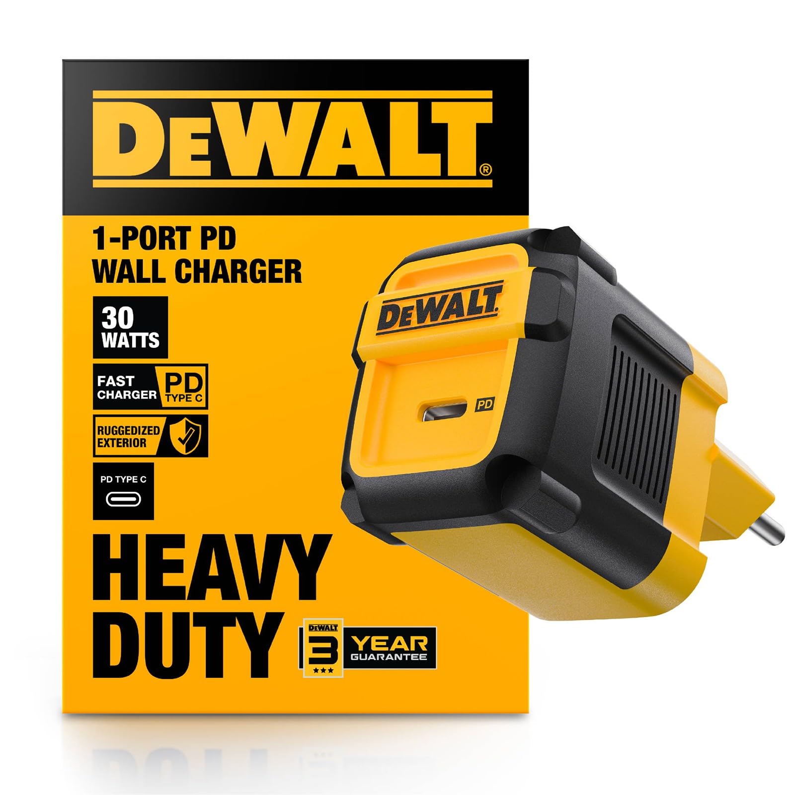 DEWALT Heavy Duty 30W PD USB-C Wandladegerät, Baustellen USB-C Ladegerät, Typ-C Schnellladegerät, EU Stecker, kompatibel mit iPhone 17 16 15 14 13 12 Pro Max iPad Pro