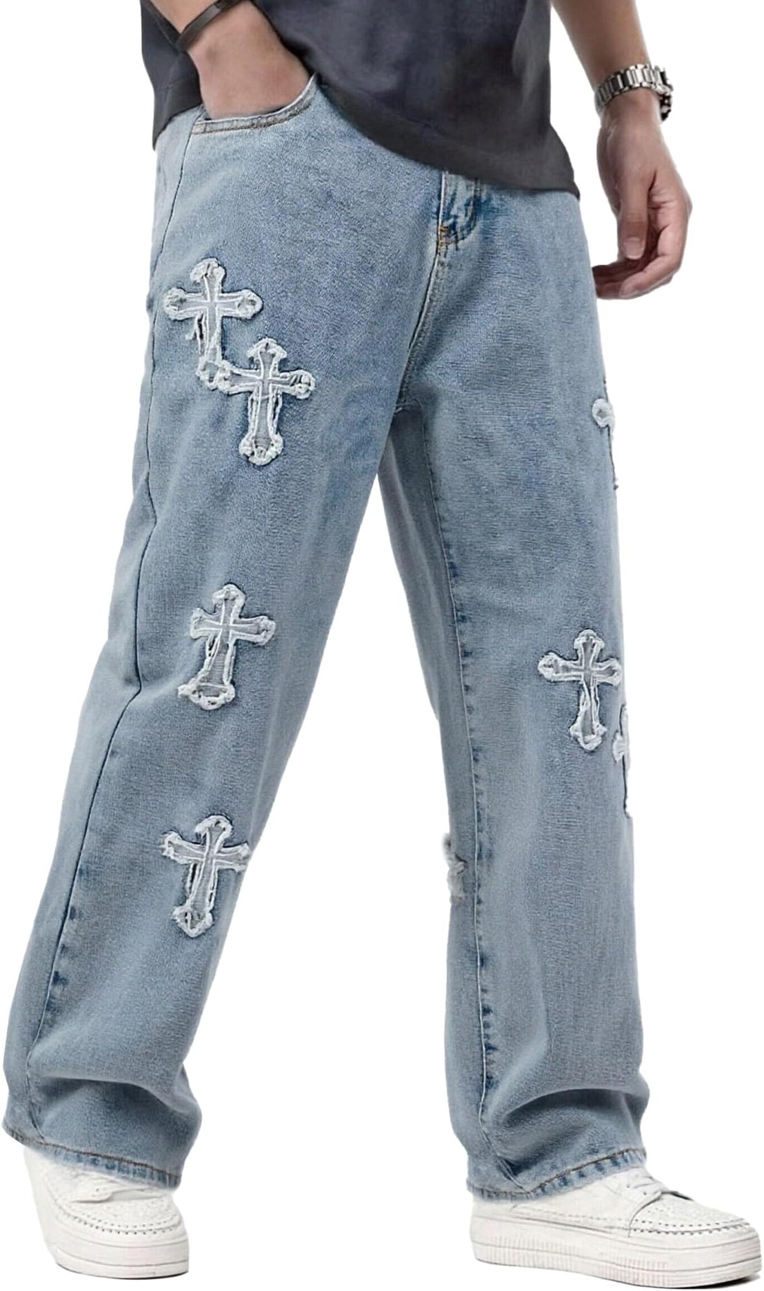 Mens Baggy Jeans Wide Leg Jeans, Y2K Loose Fit Hip Hop Cross Patch Denim Streetwear Pants