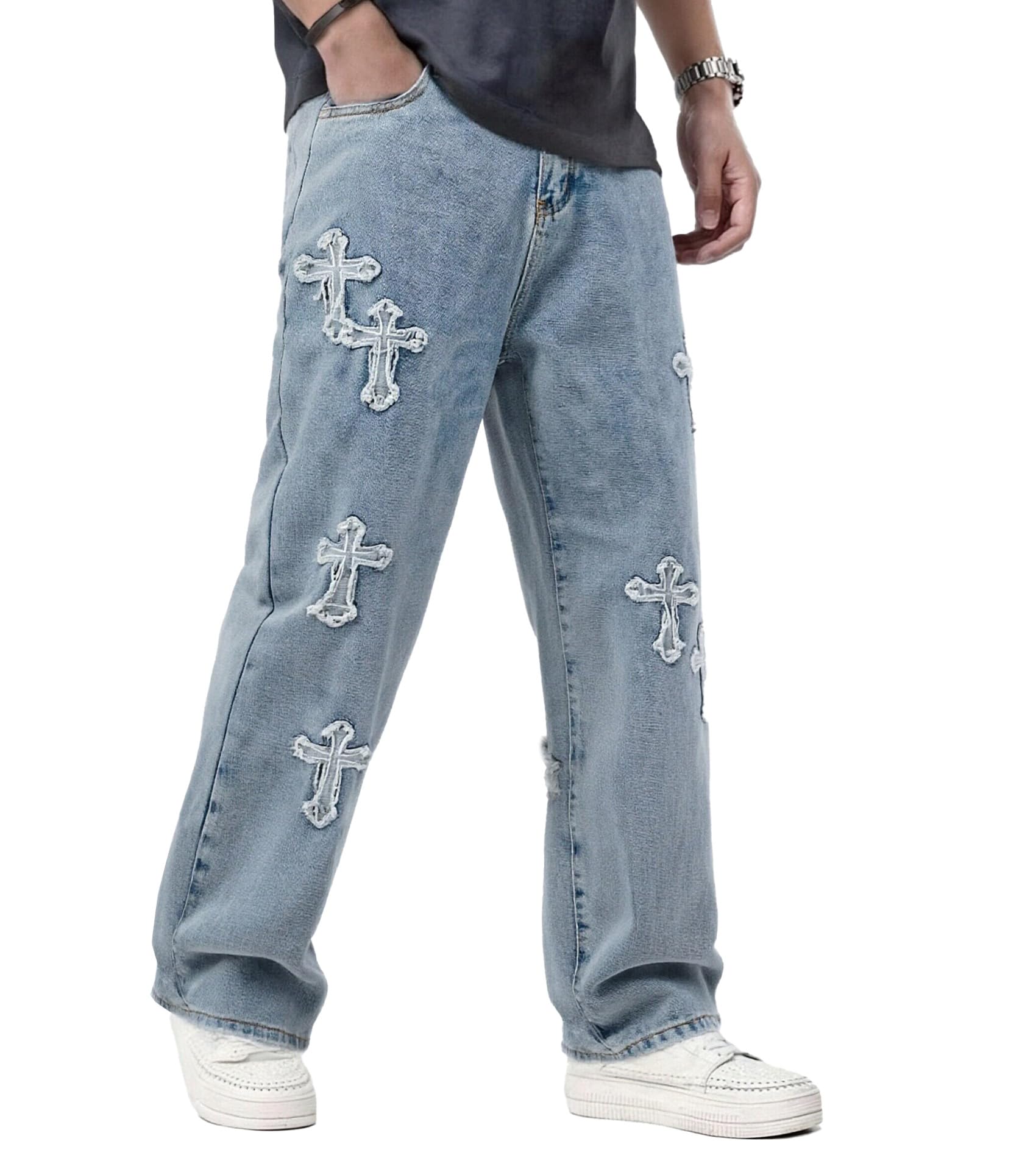 Mens Baggy Jeans Wide Leg Jeans, Y2K Loose Fit Hip Hop Cross Patch Denim Streetwear Pants