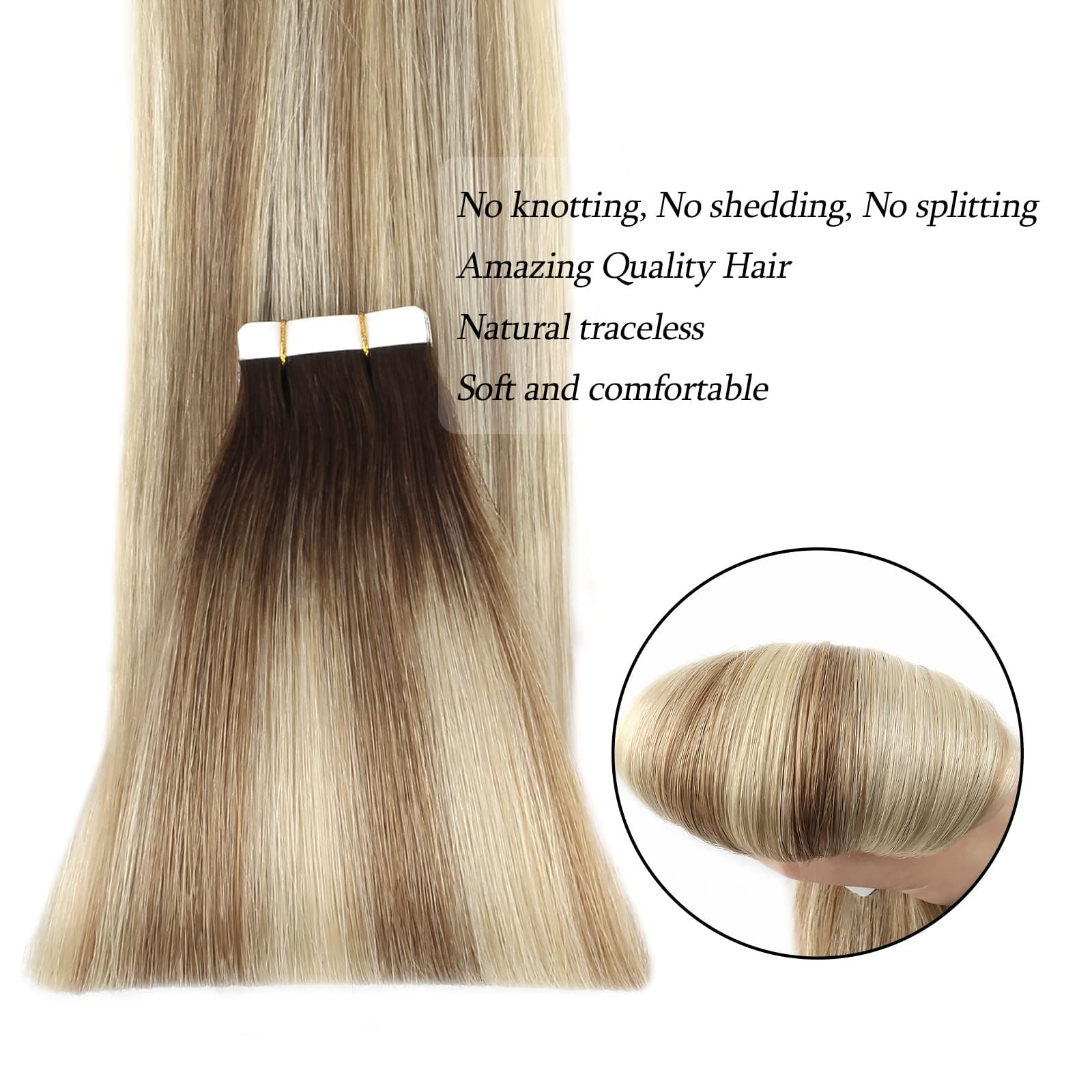ABH AmazingBeauty Hair Remy Tape in Hair Extensions Ash Brown-Beach Blonde with Dark Brown Root R3-8-613 Semi-permanent Pre-taped Double Sided Rooted Highlight Tape ins 14 Inch - Image 2