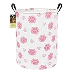 HUNRUNG Laundry Hamper,Large Canvas Fabric Lightweight Storage Basket Toy Organizer Dirty Clothes Collapsible Waterproof for College DormsRound-Pink Paw