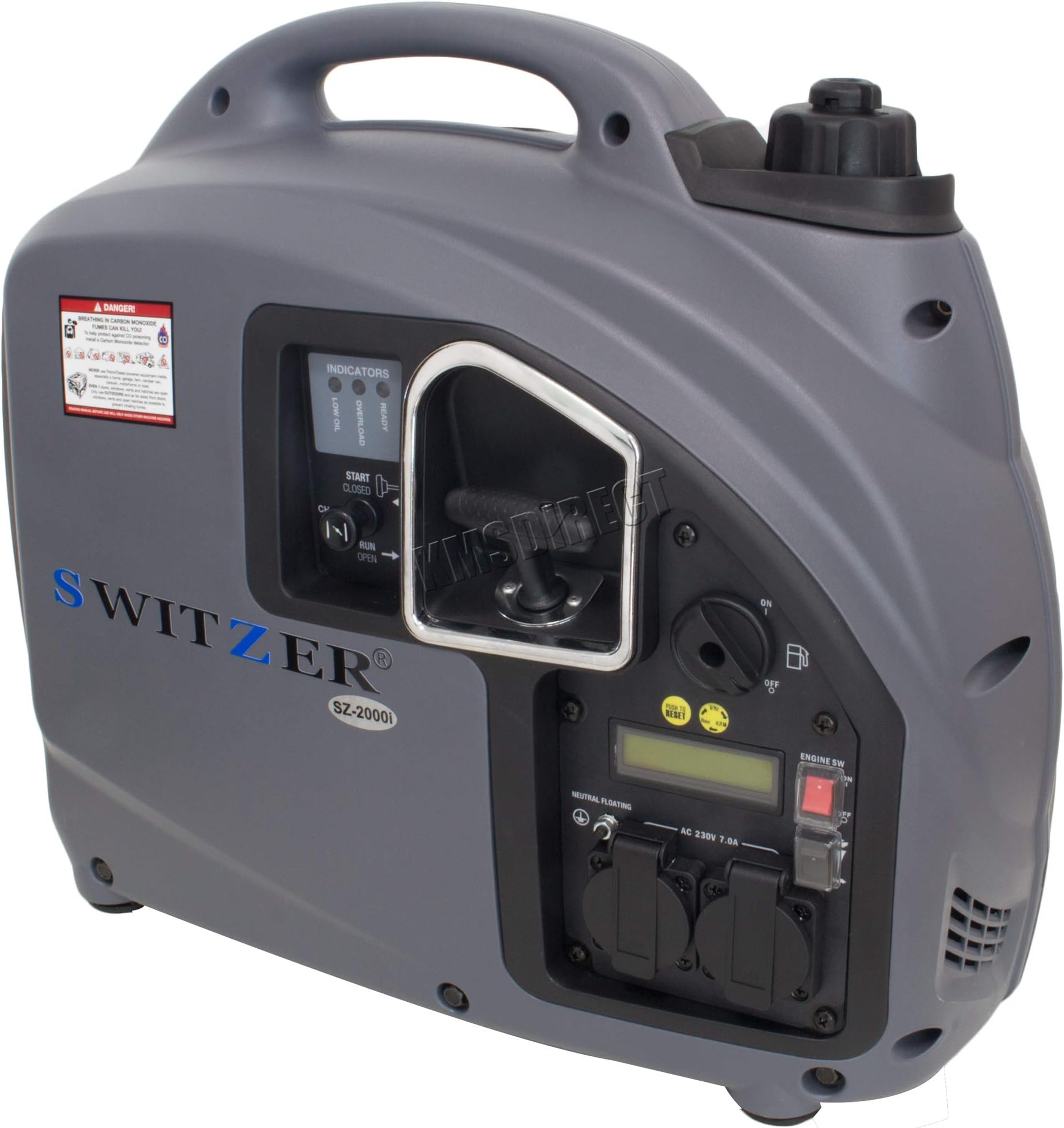 SwitZer Portable Petrol Gasoline Inverter Generator 4 Stroke OHV Engine 2000W 50Hz 230V Single Voltage 79cc 3.8L Low Noise Caravan Camping SZ-2000I Grey