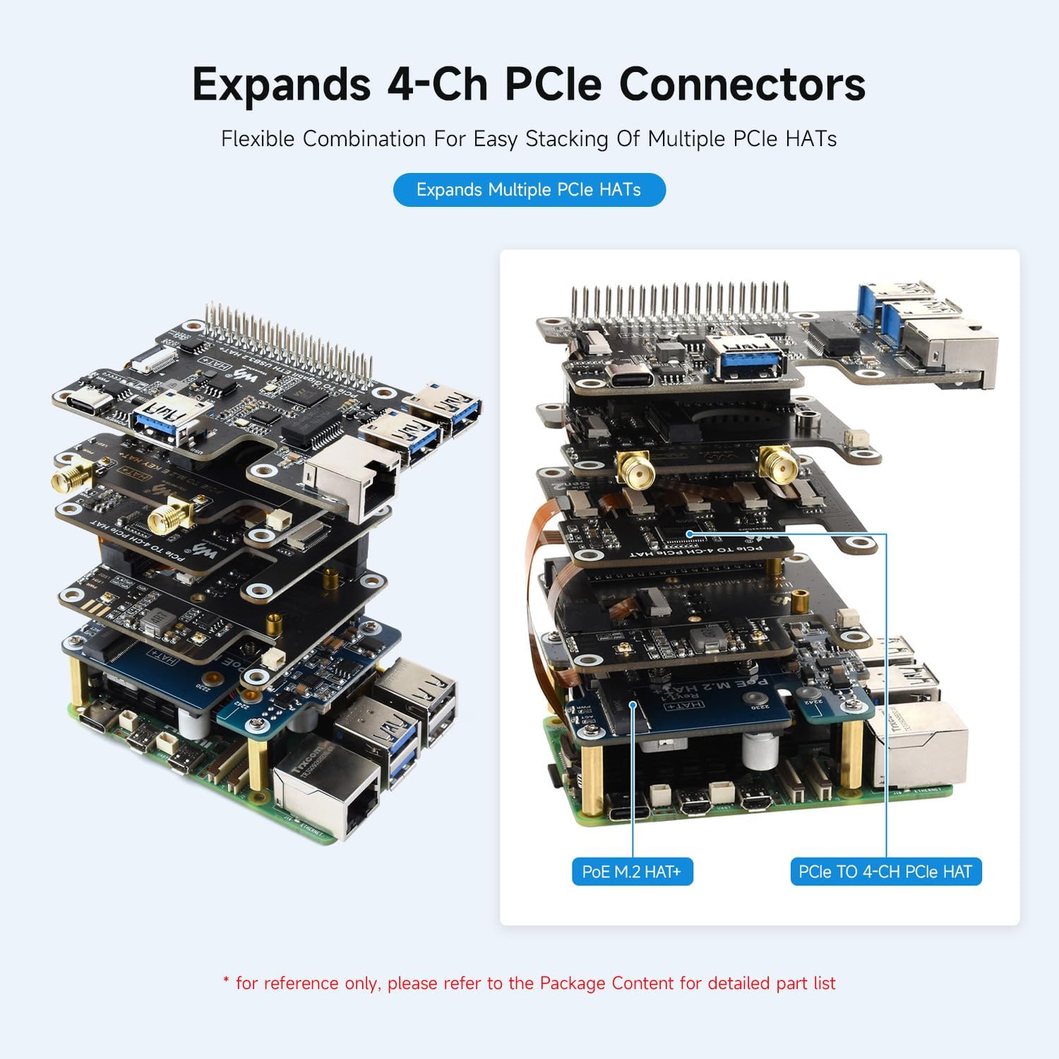Stacked Waveshare PCIe HAT modules on a Raspberry Pi 5, demonstrating expandability