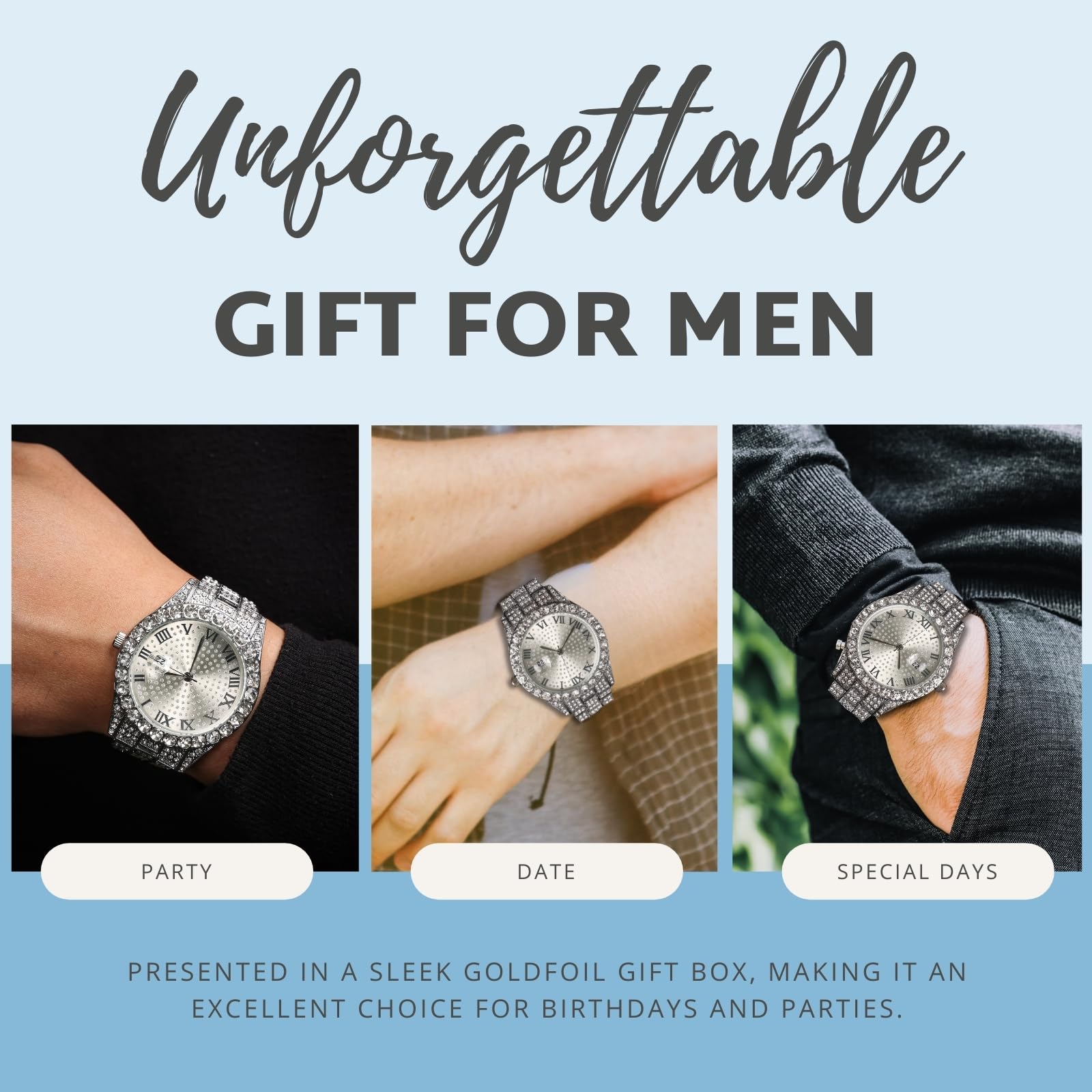 Reloj con Diamantes para Hombre Iced out Esfera Redondo Correa de 18MM Bañado en Oro Real de 18K/Oro Blanco Platino, con Cadena Cubana Opcional, Regalo para Novio Esposo