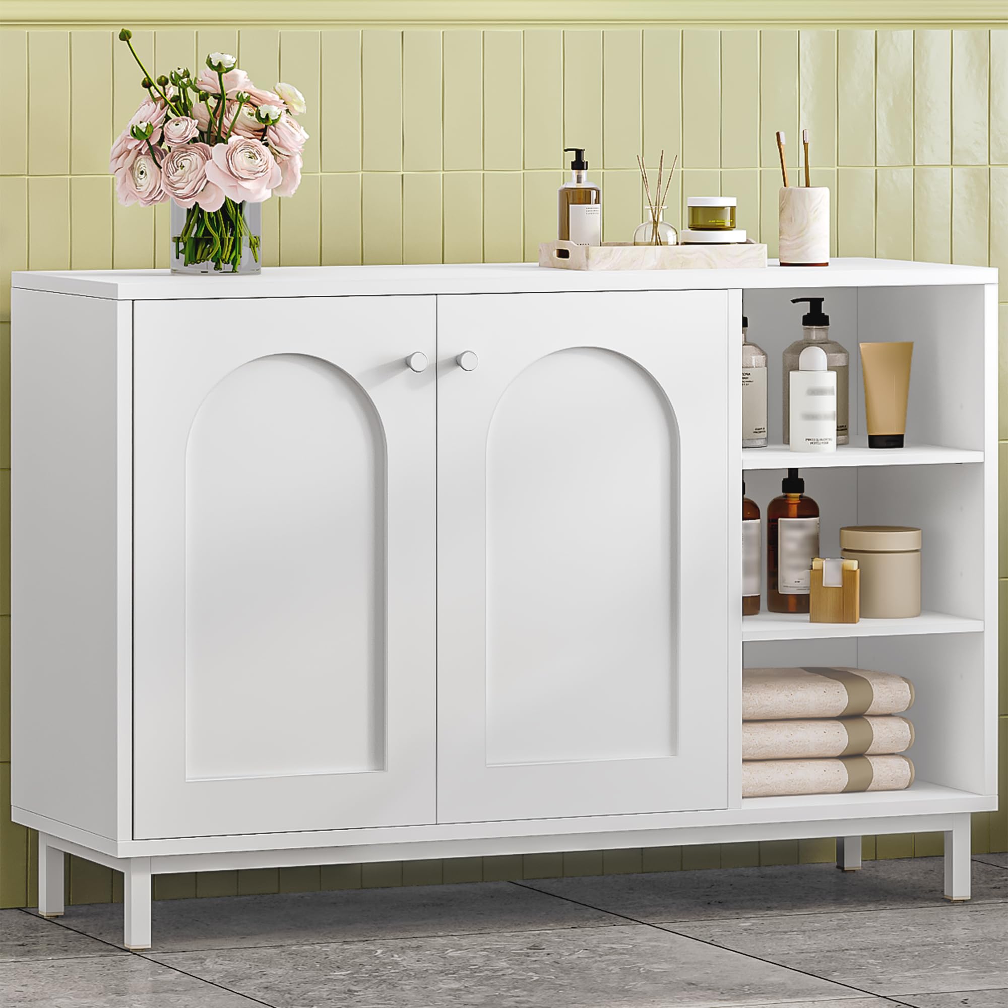 Hzuaneri Mueble de Baño, Armario de Almacenaje, con 3 Estantes Abiertos Ajustables y 2 Puertas, Gran Capacidad de Almacenaje, para Baño, Salón, Entrada, Cocina, Blanco SC10203W