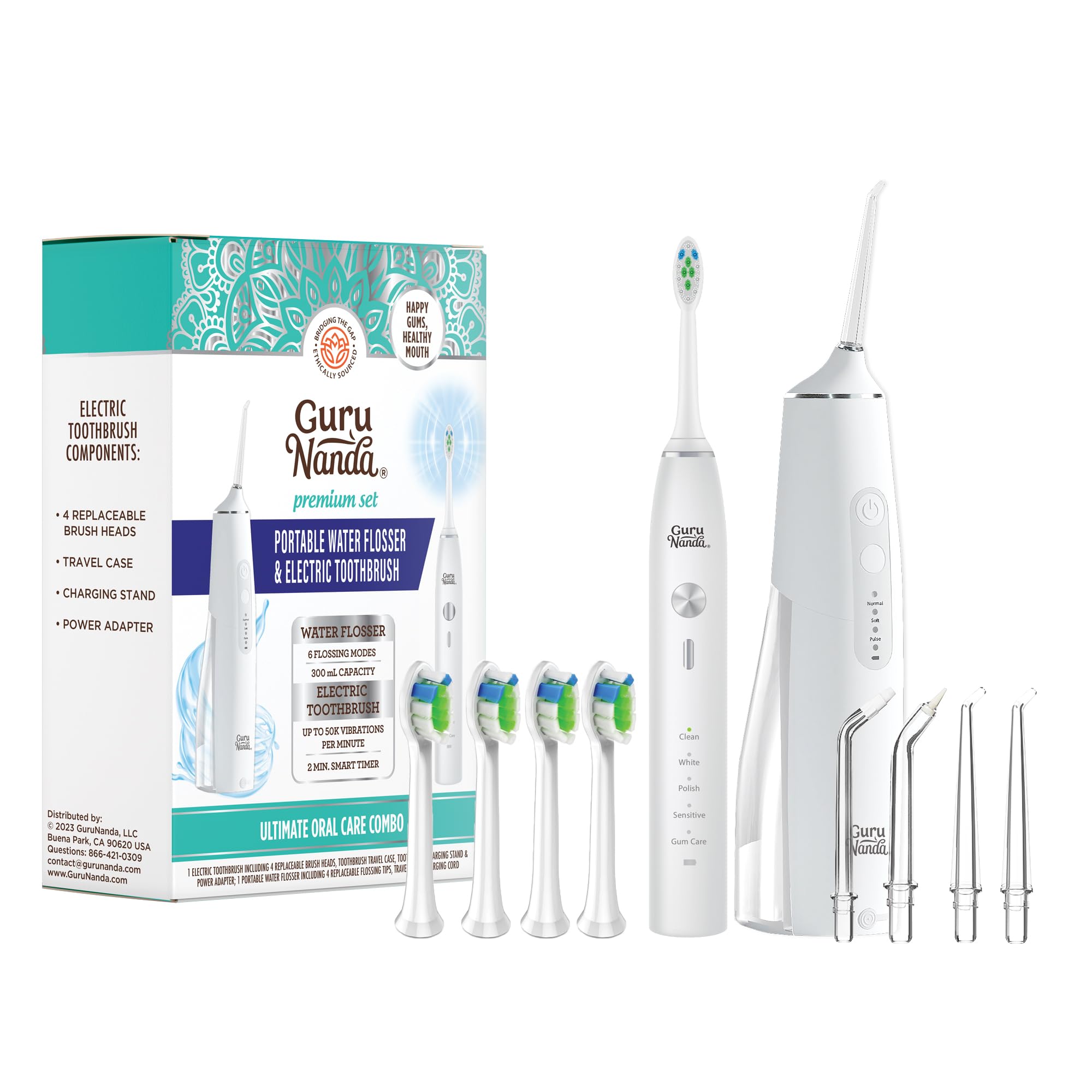 GuruNanda Lion & Lamb Kit (White) - Portable Water Flosser (300ml) with 4 Jet Tips & 5000 mAH Rechargeable Sonic Toothbrush with 4 Brush Heads & More