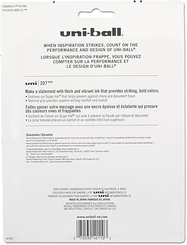 Miniatura 3 de Uni-Ball 40110 Signo Gel 207 - Bolígrafo de gel retráctil tinta surtida tamaño mediano 8 unidades
