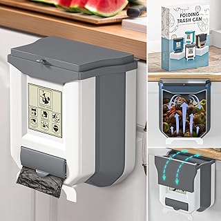 Small Trash Can with Lid for Counter Top or Under Sink,Kitchen Compost Bin,Hanging Trash can,Foldable Kitchen Trash can 2.4 Gallon for Cabinet/Car Trash Can with Lid/RV/Bathroom/Camping