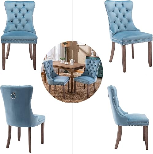 Miniatura 110 de Juego de 4 sillas de comedor de terciopelo beige, sillas de comedor tapizadas con adorno de tirador de anillo trasero y patas de madera maciza,