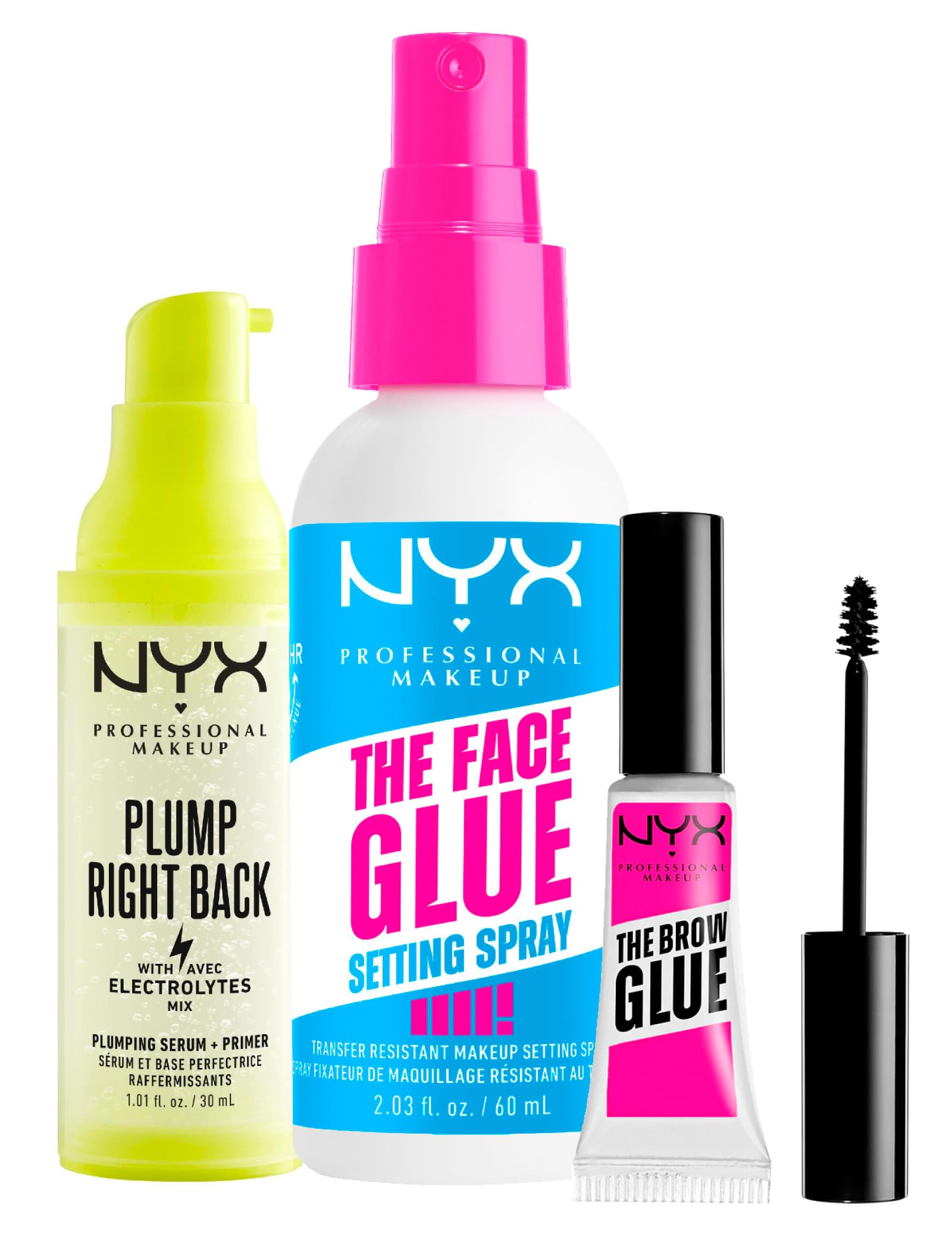NYX Professional Makeup Plump Right Back Primer e Siero Leviga Uniforma 30ml + The Brow Glue Gel Sopracciglia Effetto Laminazione 5ml + The Face Glue Setting Spray Fissante Trucco 60ml - Set da 3