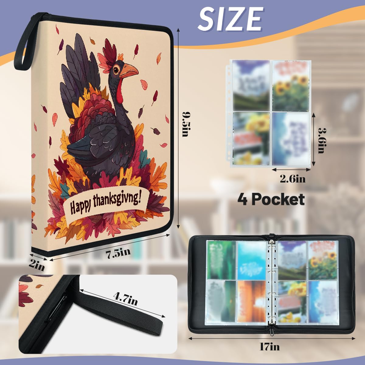 Raccoglitore per carte collezionabili con 4 tasche per il Ringraziamento, con foglie autunnali, con maniche rimovibili, impermeabile, con cerniera, 50 pagine, capacità 400 carte
