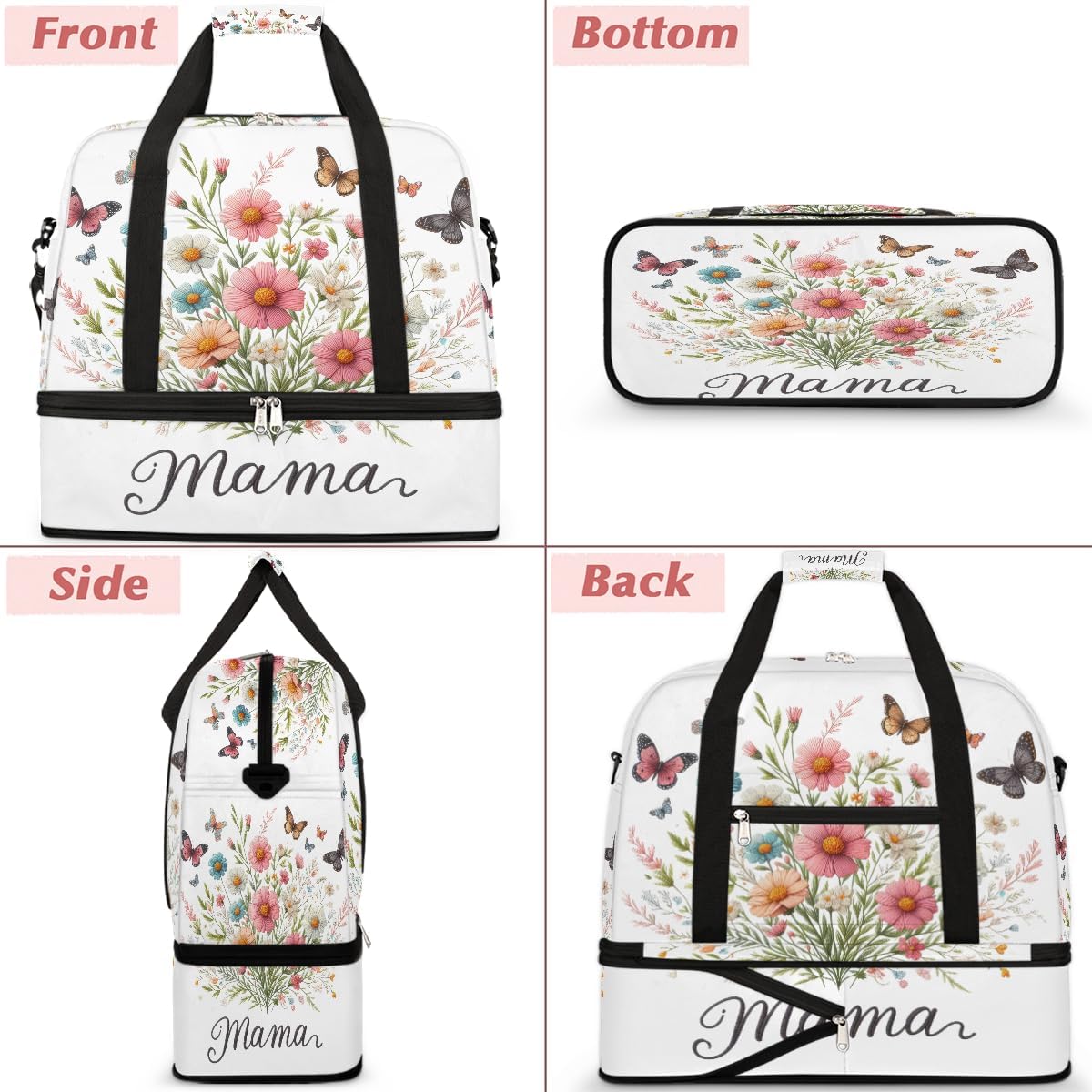 Flower Mother'S Day Butterfly Large Weekender Overnight Bags Travel Duffel Bag for Women Men Gym Bag With Shoe Compartment Foldie Travel Tote Bag Carry On Personal Item Bag for Travel Gym Sports