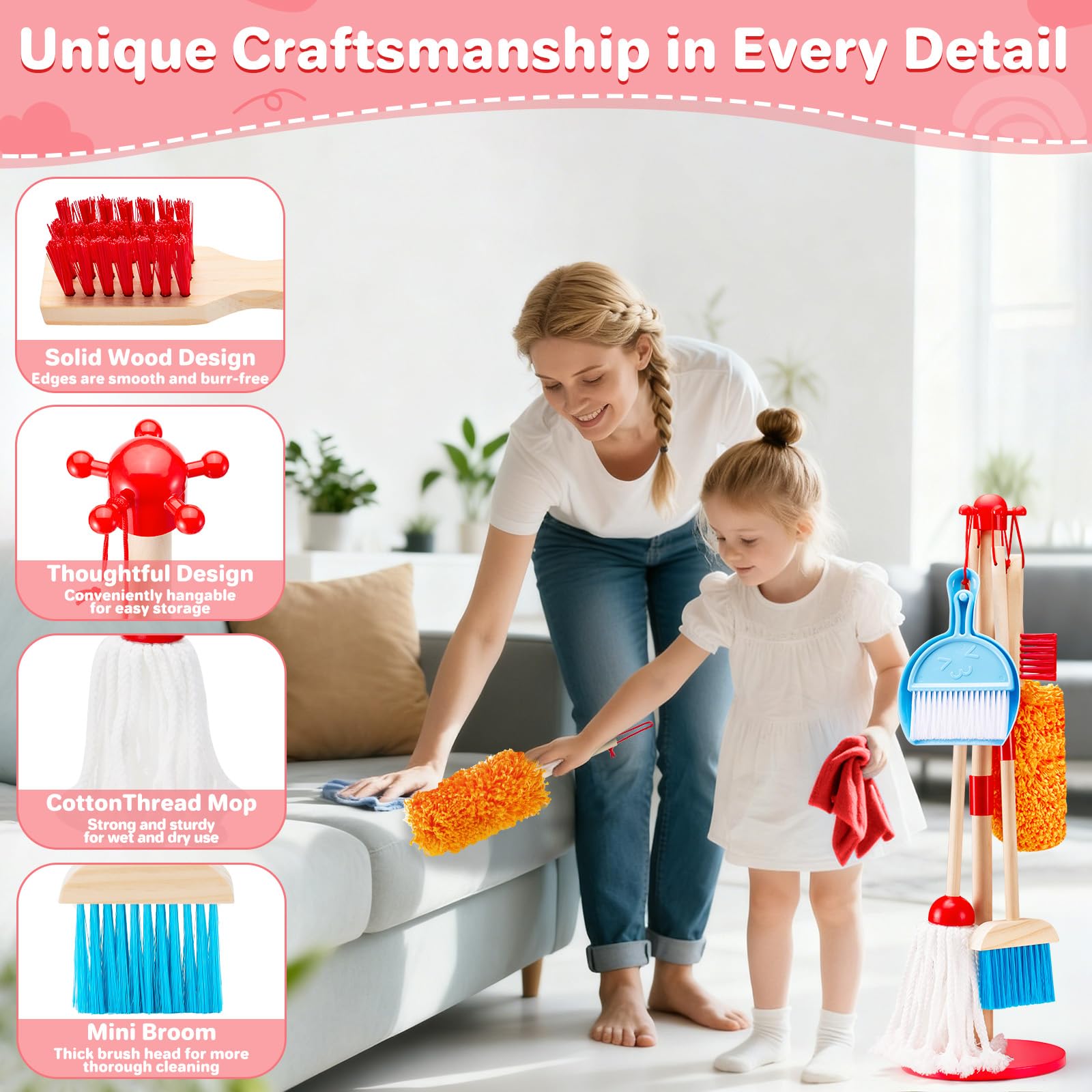 WHOHOLL Kids Cleaning Set for Toddlers, Tool Set Gift for Girls & Boys, 9 Pcs Really Working Wooden Detachable Housekeeping Kit 1