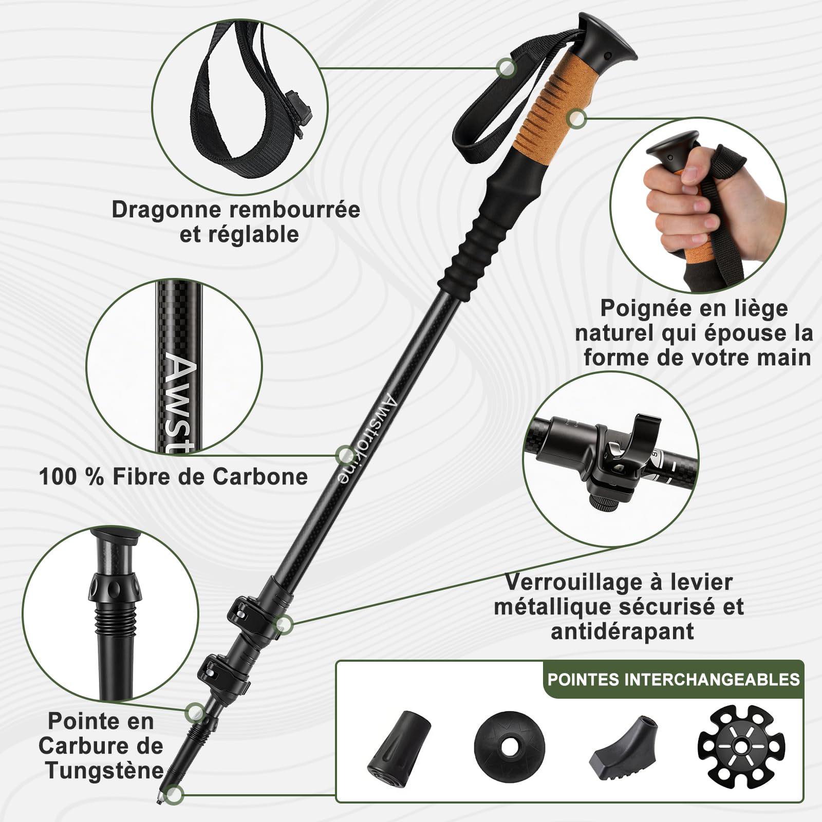 Lot de 2 Bâtons de Randonnée 100% Fibre de Carbone - Trekking Ultra Légers et Robustes avec Fermeture Rapide - Accessoires Tout-Terrain pour Hommes et Femmes