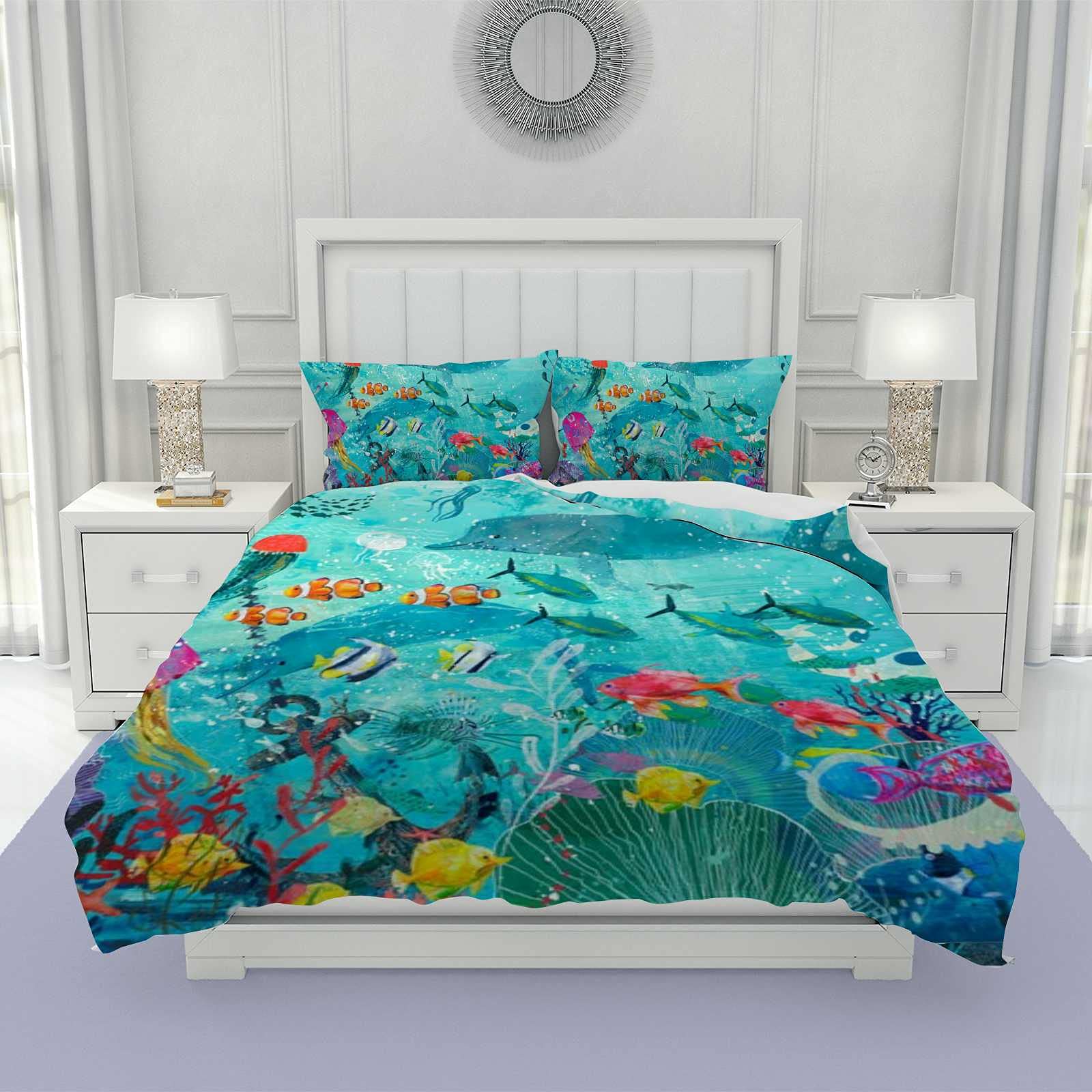 Parure de lit housse de couette motif poissons bleu polyester ultra doux