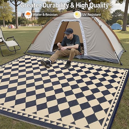 Miniatura 98 de HUGEAR Alfombra impermeable de plástico para exteriores, 5 x 8 pies, lavable, reversible, alfombra a rayas de arco iris, para camping, caravana