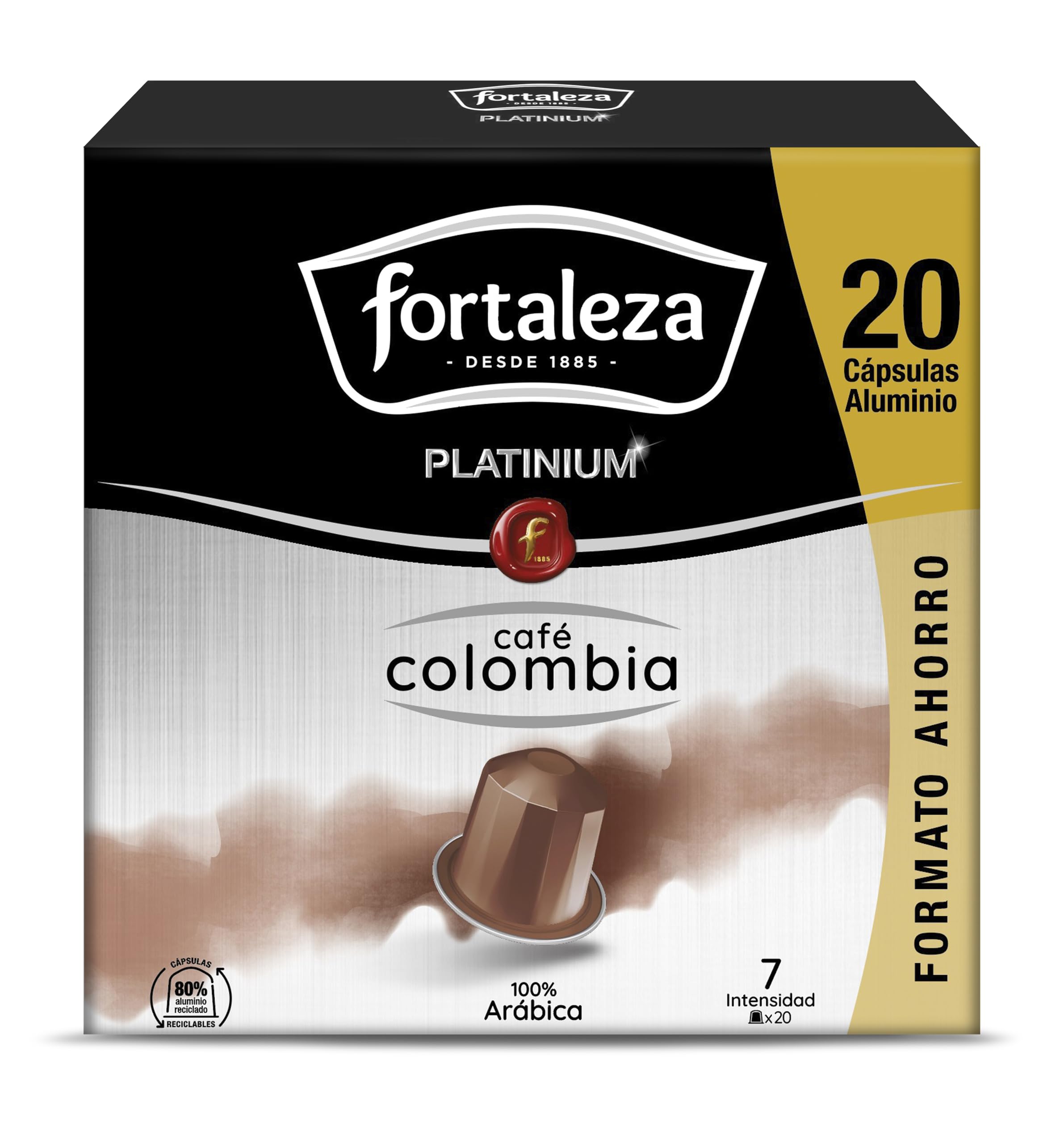 Café Fortaleza Platinium, Cápsulas Compatibles con Nespresso, de Aluminio, Café de Colombia, Puro Sabor, 100% Arábica, Tueste Natural, Pack 8x20 - Total 160 uds