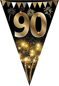 40 Pieces Happy 90th Birthday Banner Bunting Flags Gold and Black Glitter 90th Birthday Anniversary Party Decoration Supplies 90th Birthday Triangle Flag Banner for Men Women