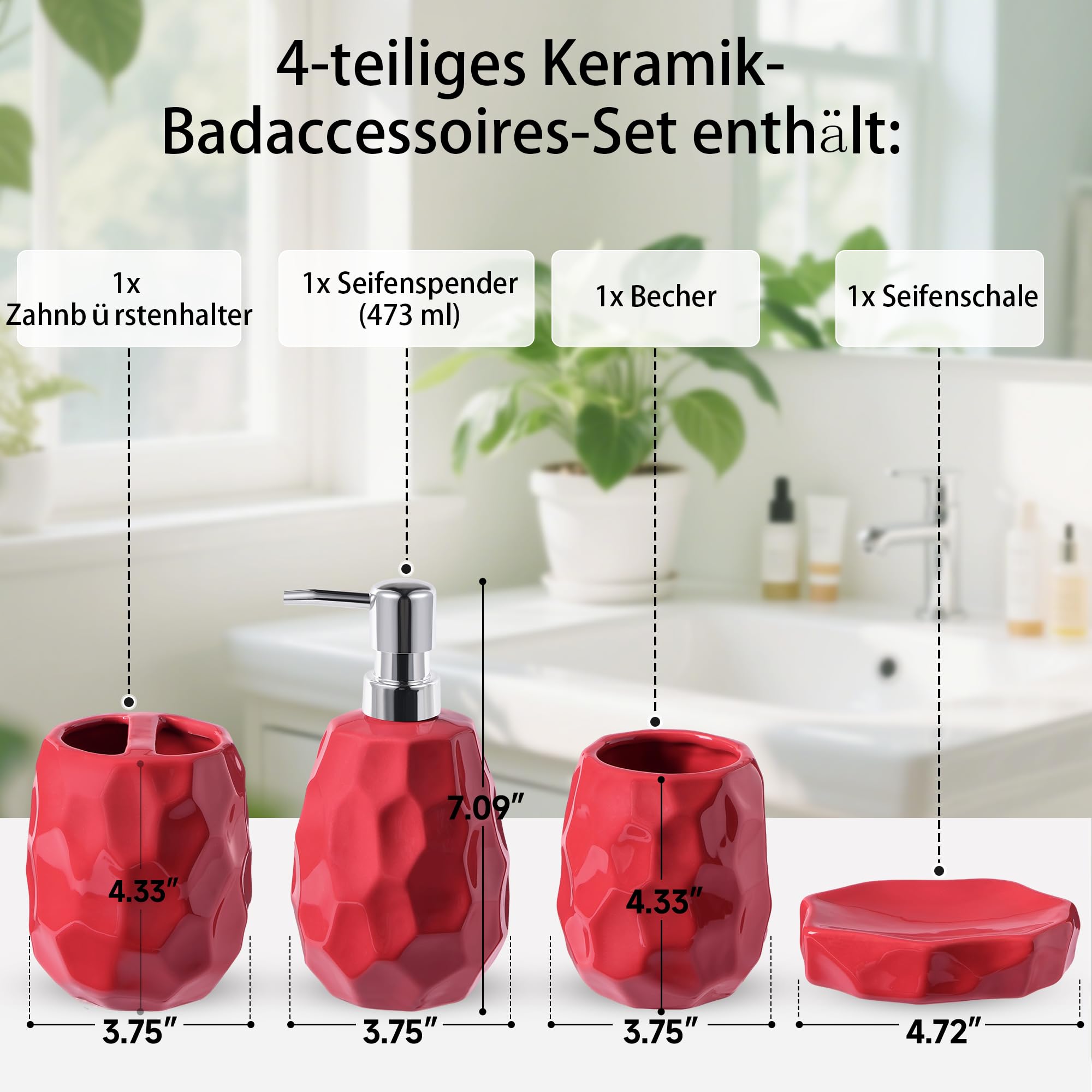 Set di accessori da bagno, set di 4 accessori da bagno, dispenser di sapone per lozione, portasapone, porta spazzolino, bicchiere per spazzolini, organizer da bagno per bagno moderno (rosso)