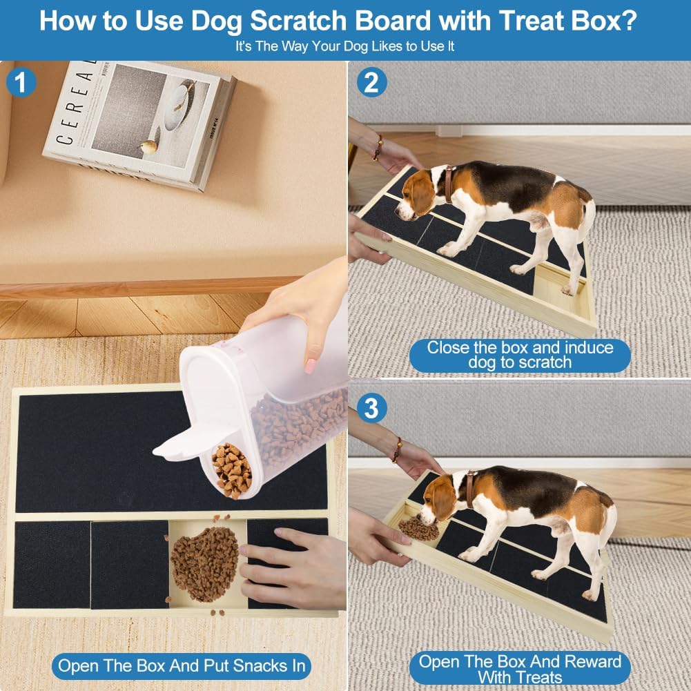 Dog Nail Scratch Pad with Treat Box, Jaxbo Durable Portable Dog Scratch Filing Pad for All Dogs, Wooden Cat Nail Scraper Board for Indoor/Outdoor Training