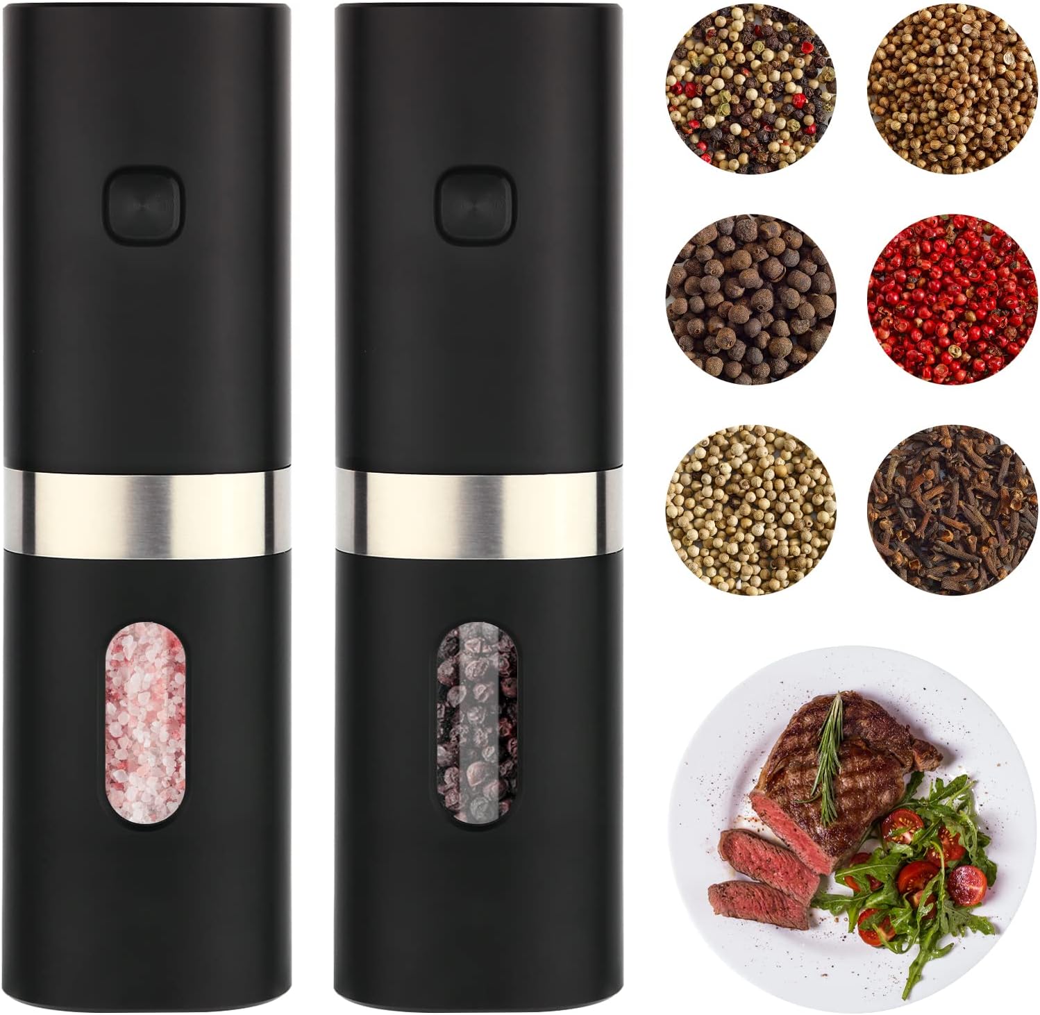 2 Pack Electric Salt and Pepper Grinder Set Battery Operated, Automatic Pepper Mill with Light, Gravity Sensor and Safety Switch, One Hand Operation Adjustable Coarseness Mills