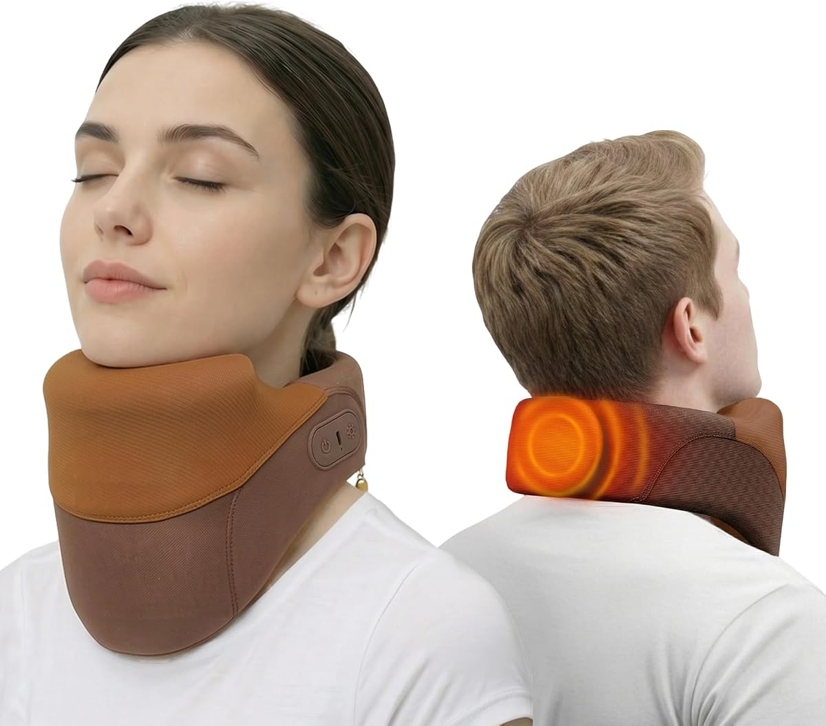 Cordless Neck Brace for Cervical Spine Posture Correction and Support, Patented Traction Device with Intelligent Adjust and Hot Compress, Neck Brace for Men and Women, （Brown, Medium）