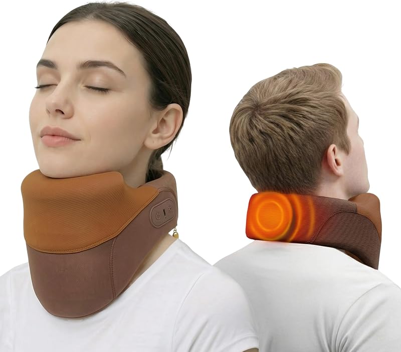 Cordless Neck Brace for Cervical Spine Posture Correction and Support, Patented Traction Device with Intelligent Adjust and Hot Compress, Neck Brace for Men and Women, （Brown, Medium）