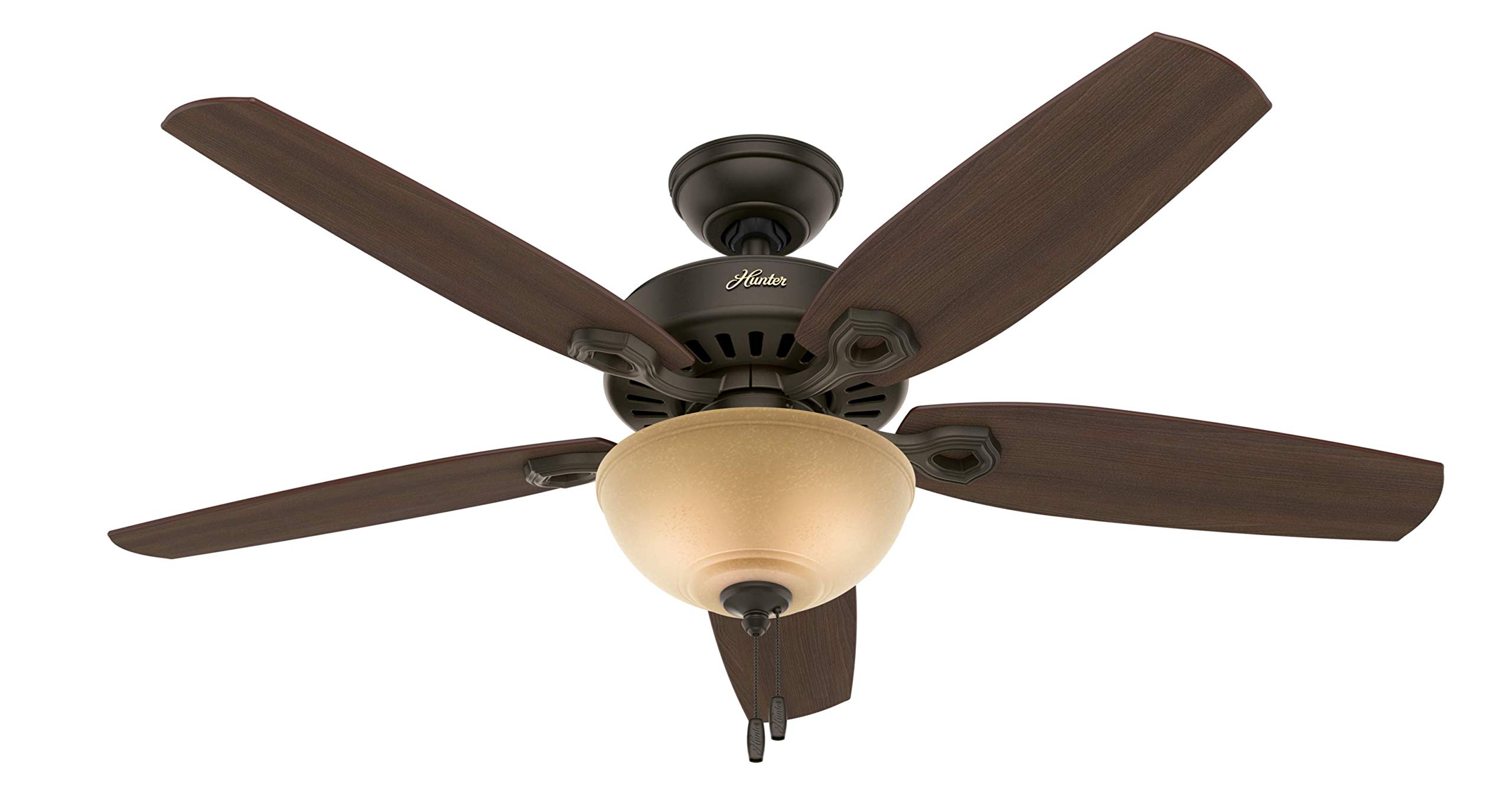 52 inch Indoor Ceiling Fan with LED Light - Bronze Ceiling Fan with Pull Chain, For Bedroom or Living Room, Standard Mount, No Remote, 5 Blades, Includes Bulbs- Builder Deluxe 53091, New Bronze
