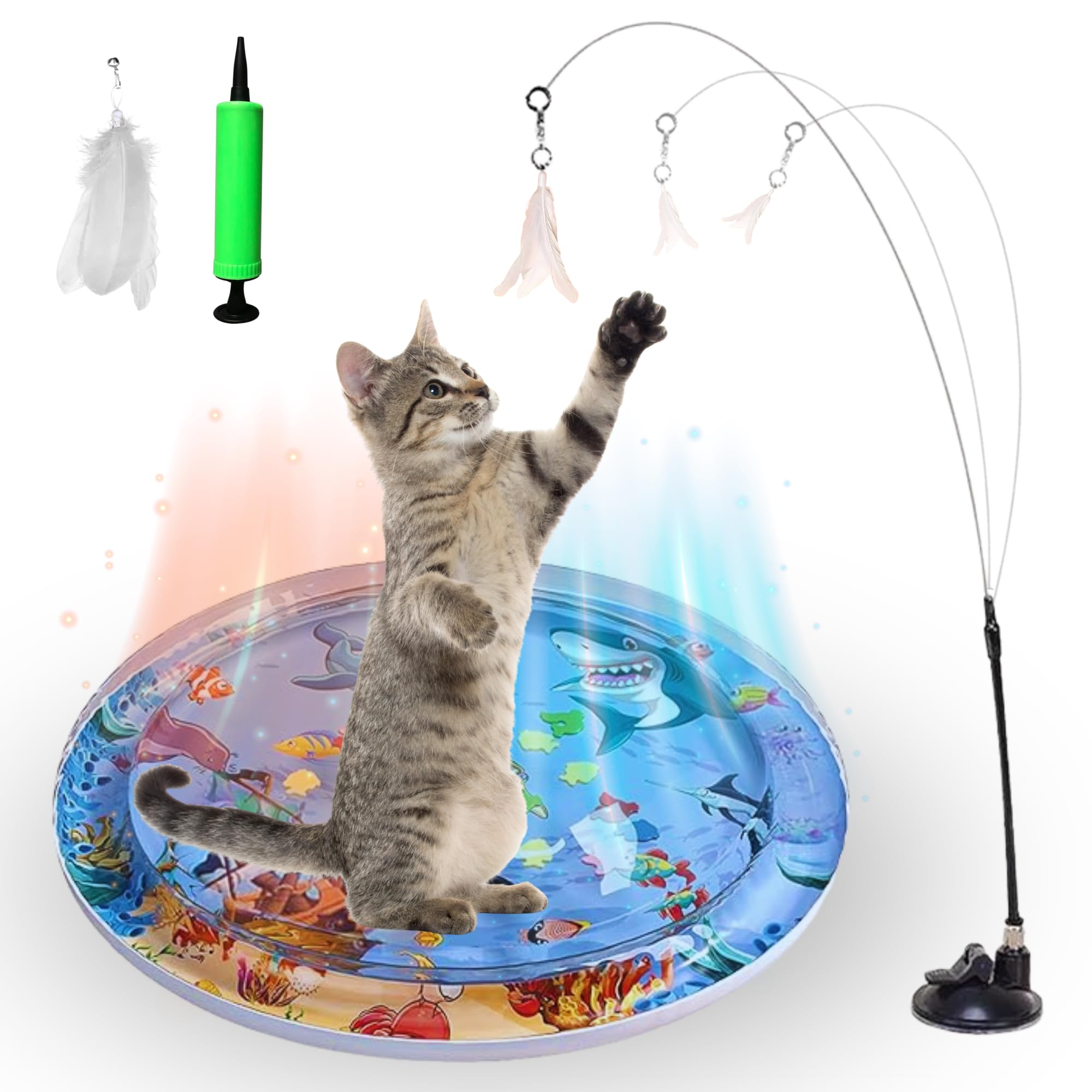 MEEJA PETS Cat Sensory Water Mat with Cat Feather Wand Toy - Interactive, Portable, Lightweight
