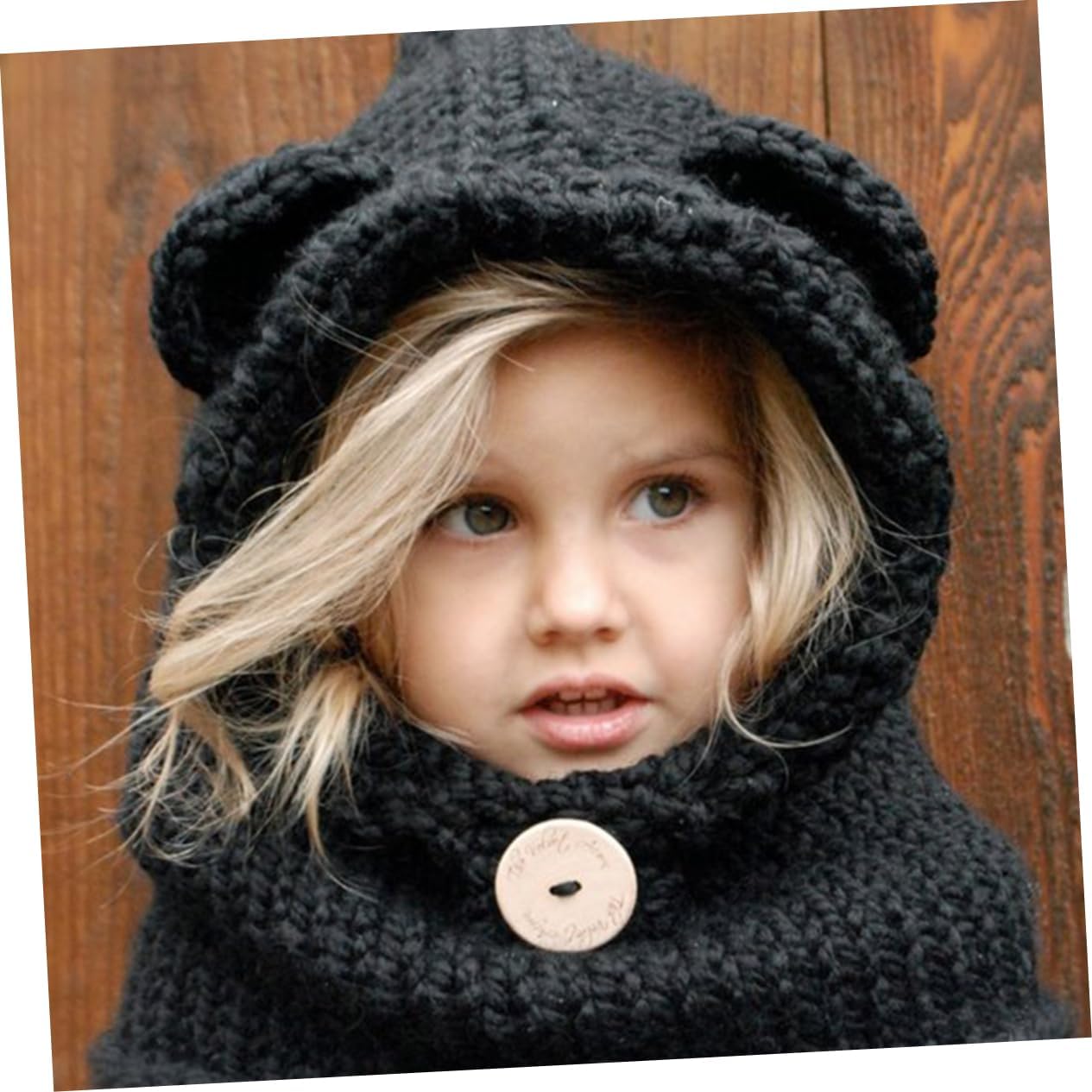 Cute Kids Bear Hat Scarf Winter Knitted Cape Beanies One Size Bear Hat for Warmth Black