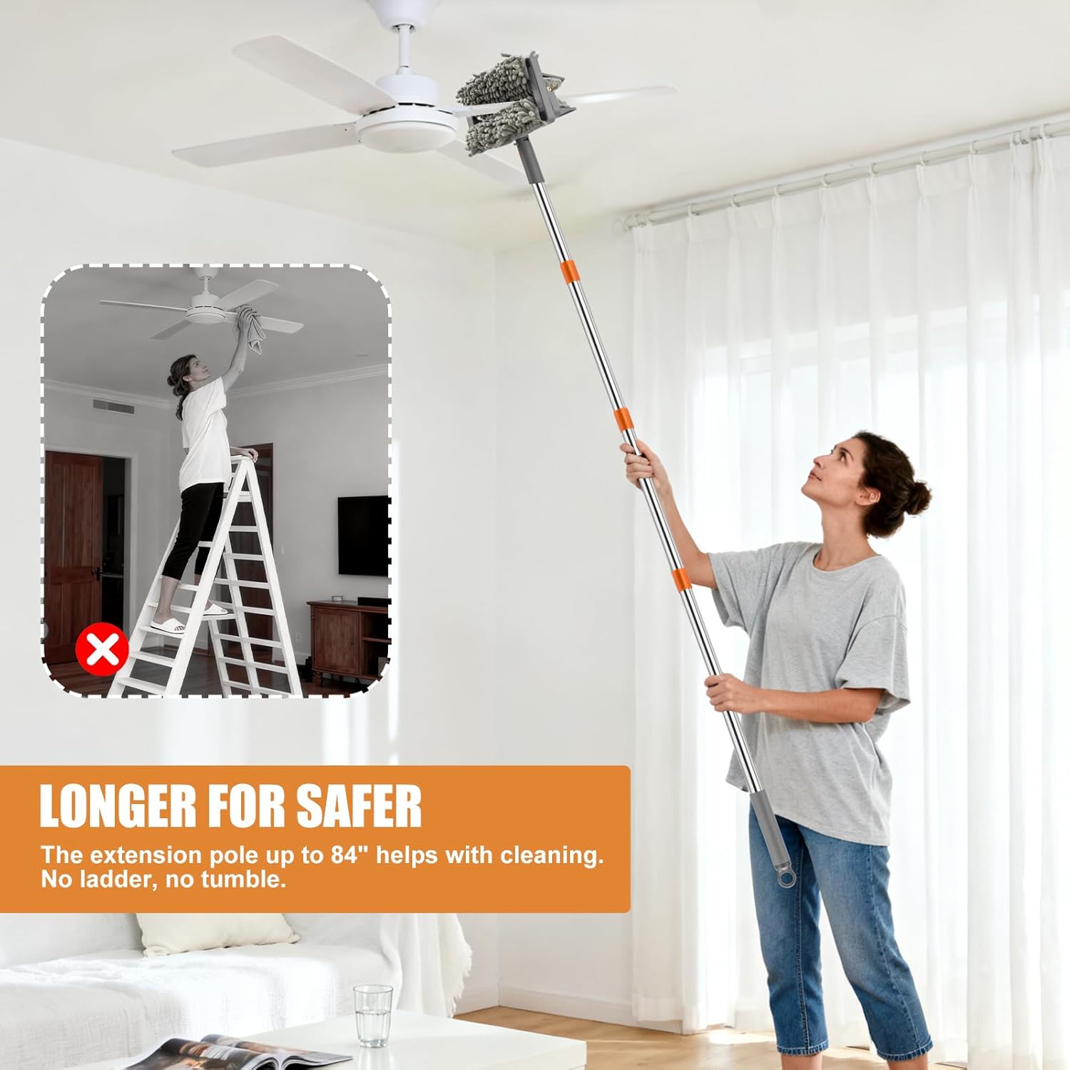 CALBEAU Ceiling Fan Cleaner Duster with 84'' Extension Pole, Baseboard Cleaner Tool with Handle, Reusable Chenille & Microfiber Pads for Dusting Ceiling Fan Baseboard Wall Window Floor