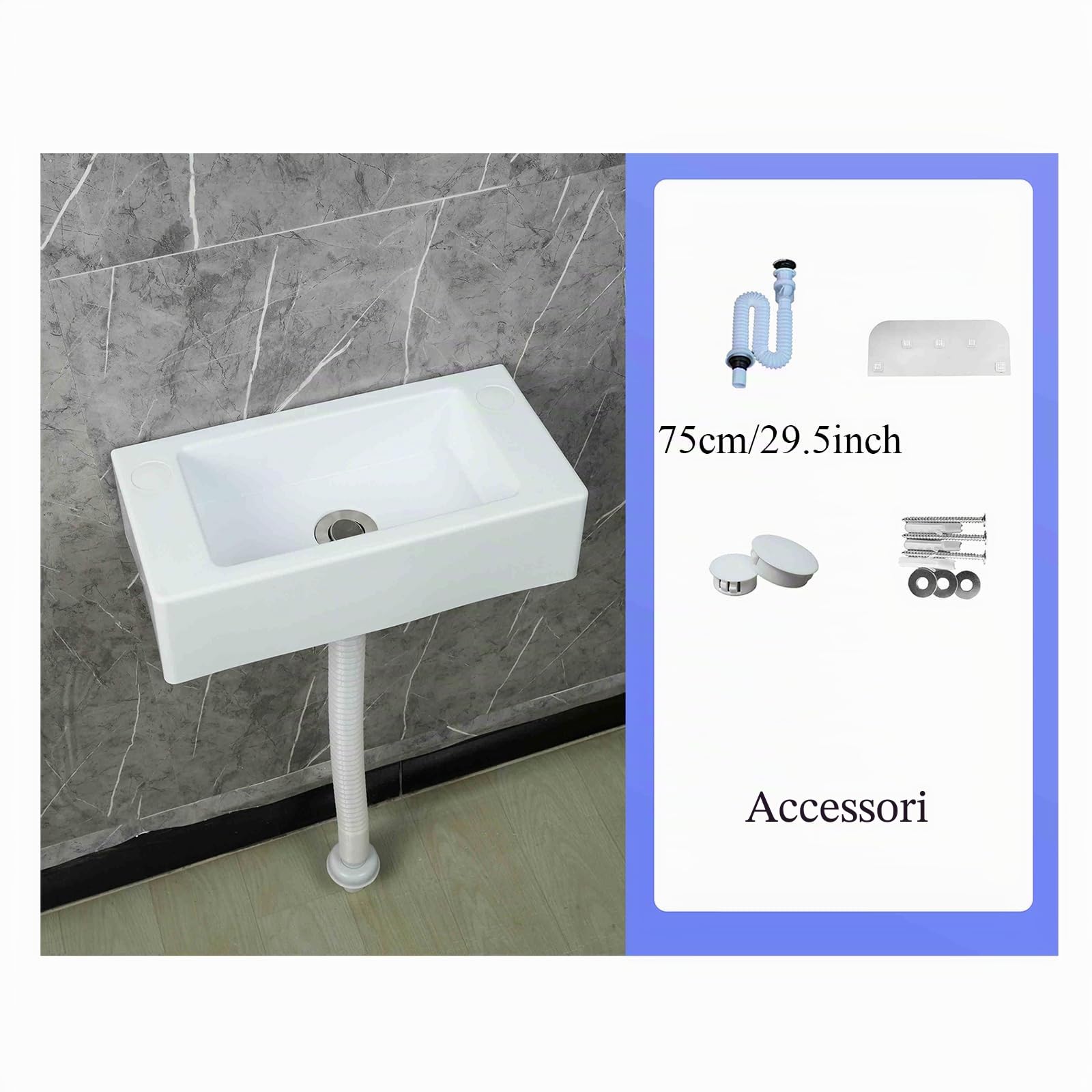 Lavabo da Bagno, 40x20x11cm/15.7x7.9x4.3inch Mini Lavabo in Resina | Lavabo da Parete Rettangolare per Bagno Guardaroba WC Bianco 75cm Conduttura Fognaria