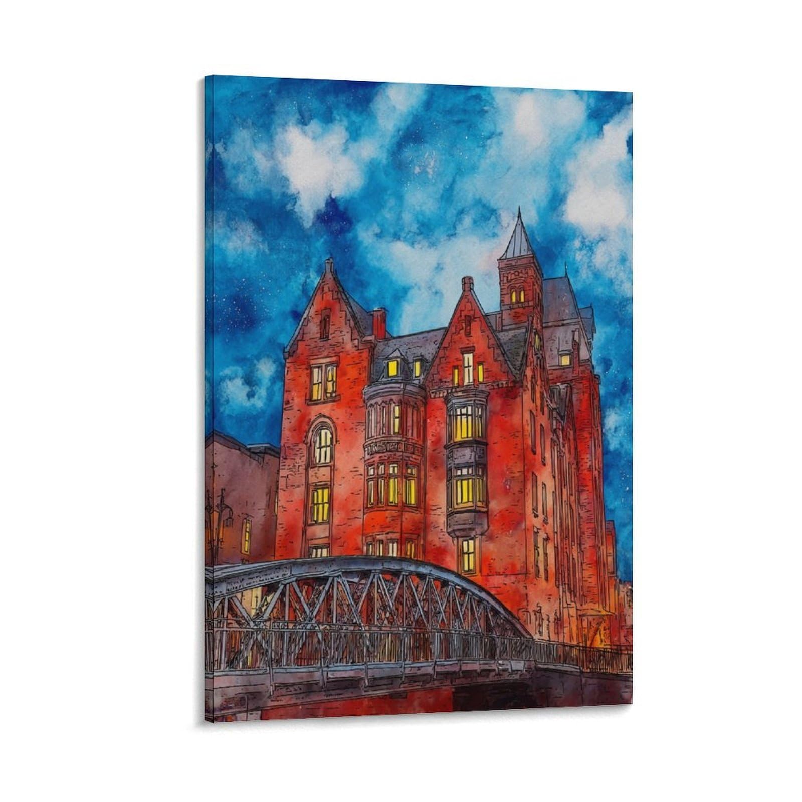 Lcynnh Frame-Style Hamburg Germany 24X36inch(60X90cm) Vintage Travel Poster Watercolor Canvas Art