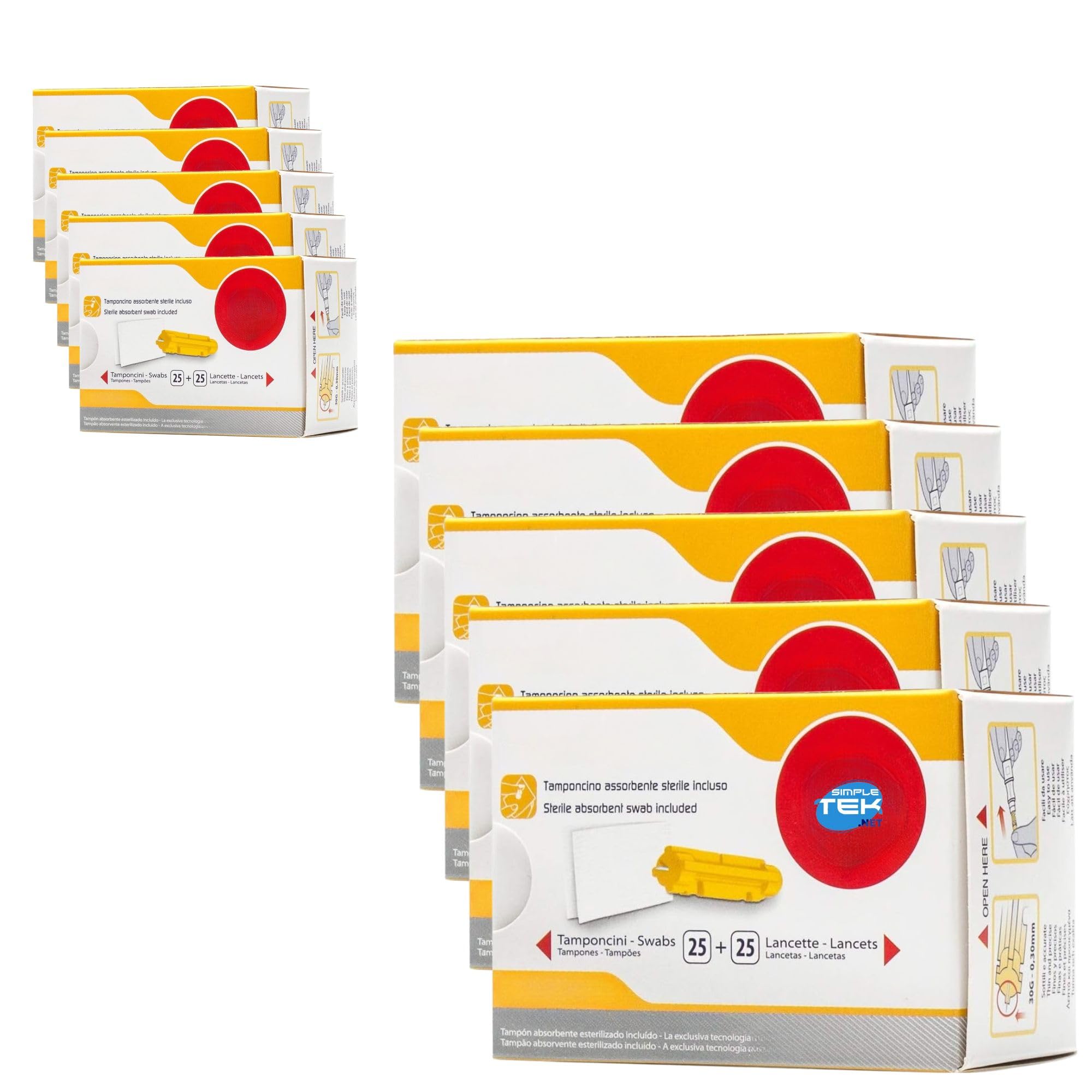 SIMPLETEK - 10 Confezioni di Lancette Pungidito Sterili e Tamponcini assorbenti per Glicemia | Kit completo G33, pronto all'uso (25 Pezzi per Confezione)