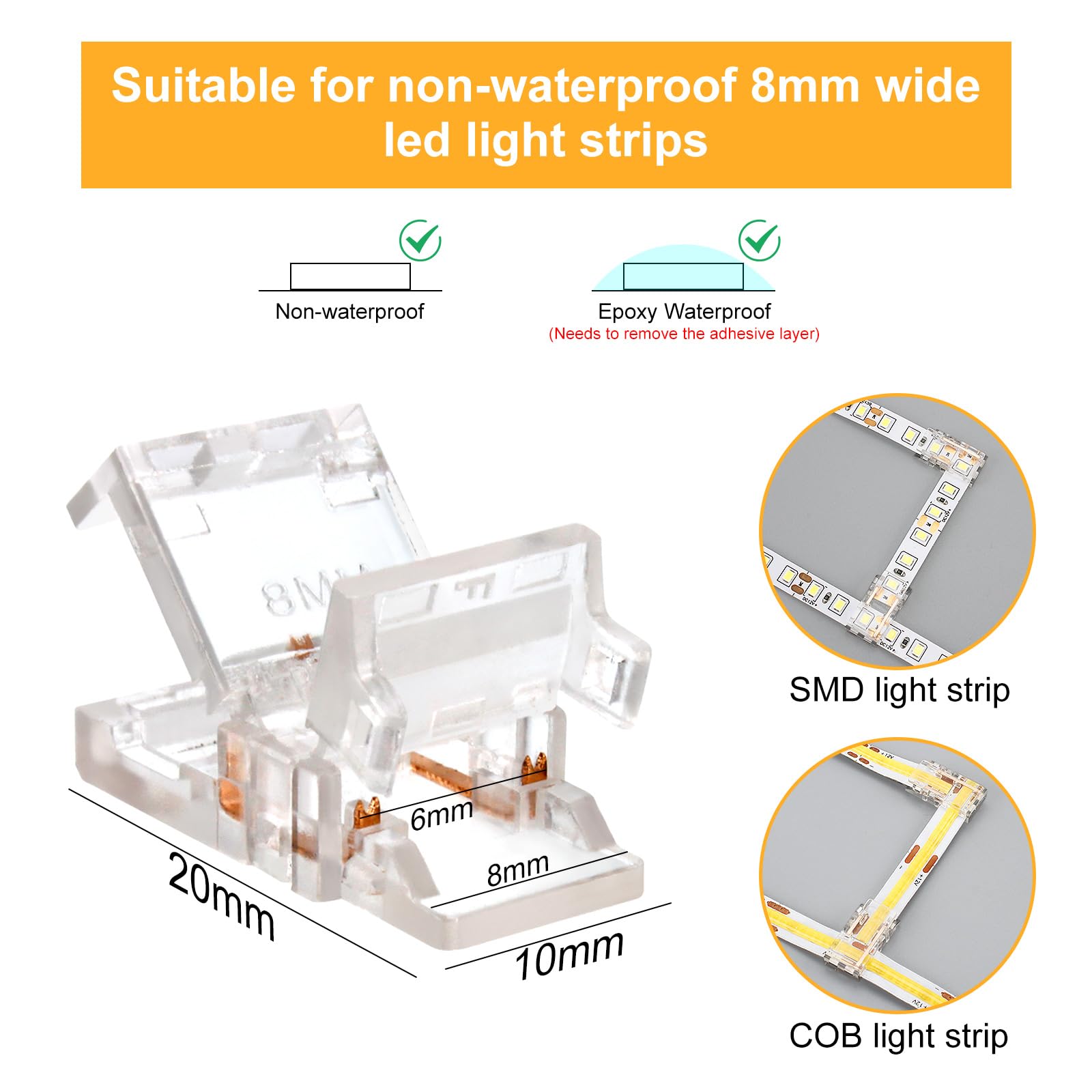 VIPMOON 12 Pack 2 Pin T/L Shape LED Strip Connectors for 8mm Wide SMD/COB 3528 2835 LED Strip Lights - Image 2