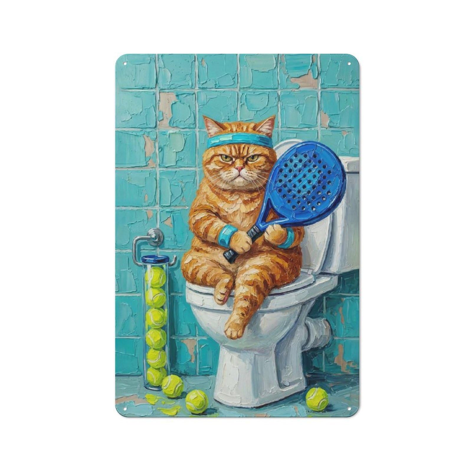 Junmoney Style-19 For Lounge Or Reading Corner, Grumpy Cat Tennis Player On Toilet Vintage Metal Sign 30X20cm, For Collectors Decorating Lounges And Reading Corners