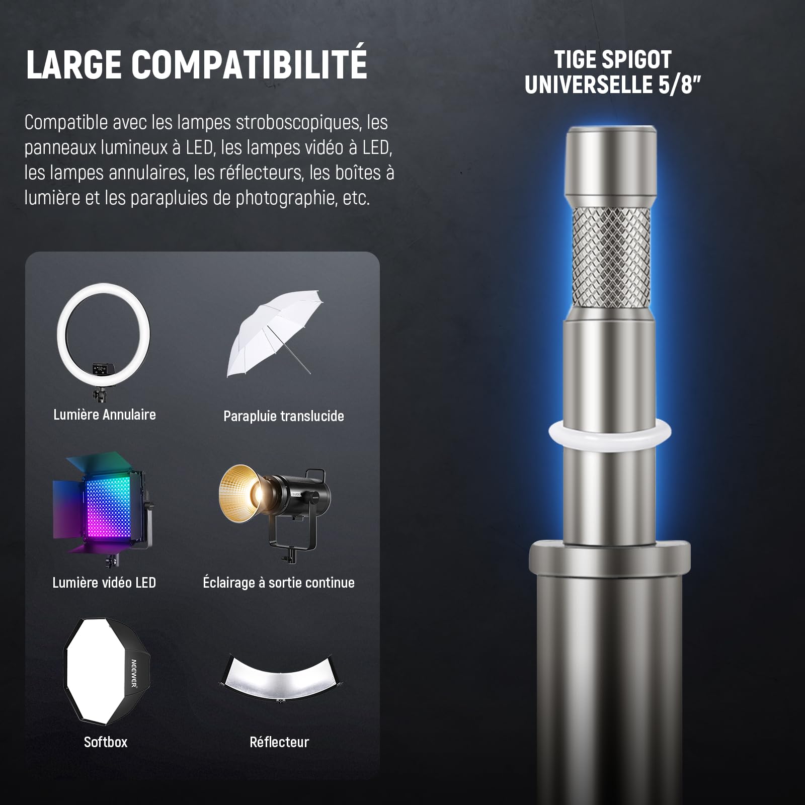 Neewer SC305AW Support d'éclairage Robuste à Coussin d'air avec roulettes, trépied réglable, Support à roulettes en Acier Inoxydable pour Flash de Studio, boîte à lumière, réflecteur monolight