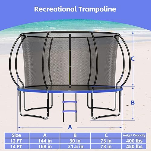 Miniatura 7 de Zevemomo Trampolín de 14 pies para niños y adultos, trampolín de 14 pies con postes curvos, red de cierre y escalera, capacidad de peso de 450