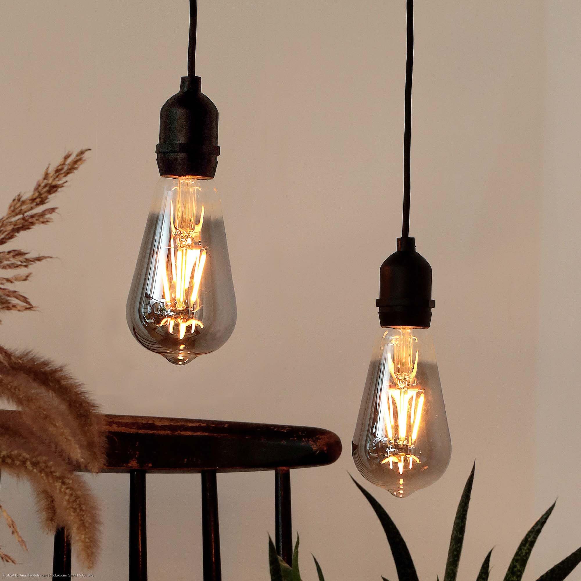 Hellum 151435 Hanging Lamp with Battery and Remote Control Outdoor Set of 2 Light Bulbs with Battery ST64 Diameter 6.4 cm Grey Light Bulb with Remote Control Dimmable Pendant Lamp Outdoor Smoky