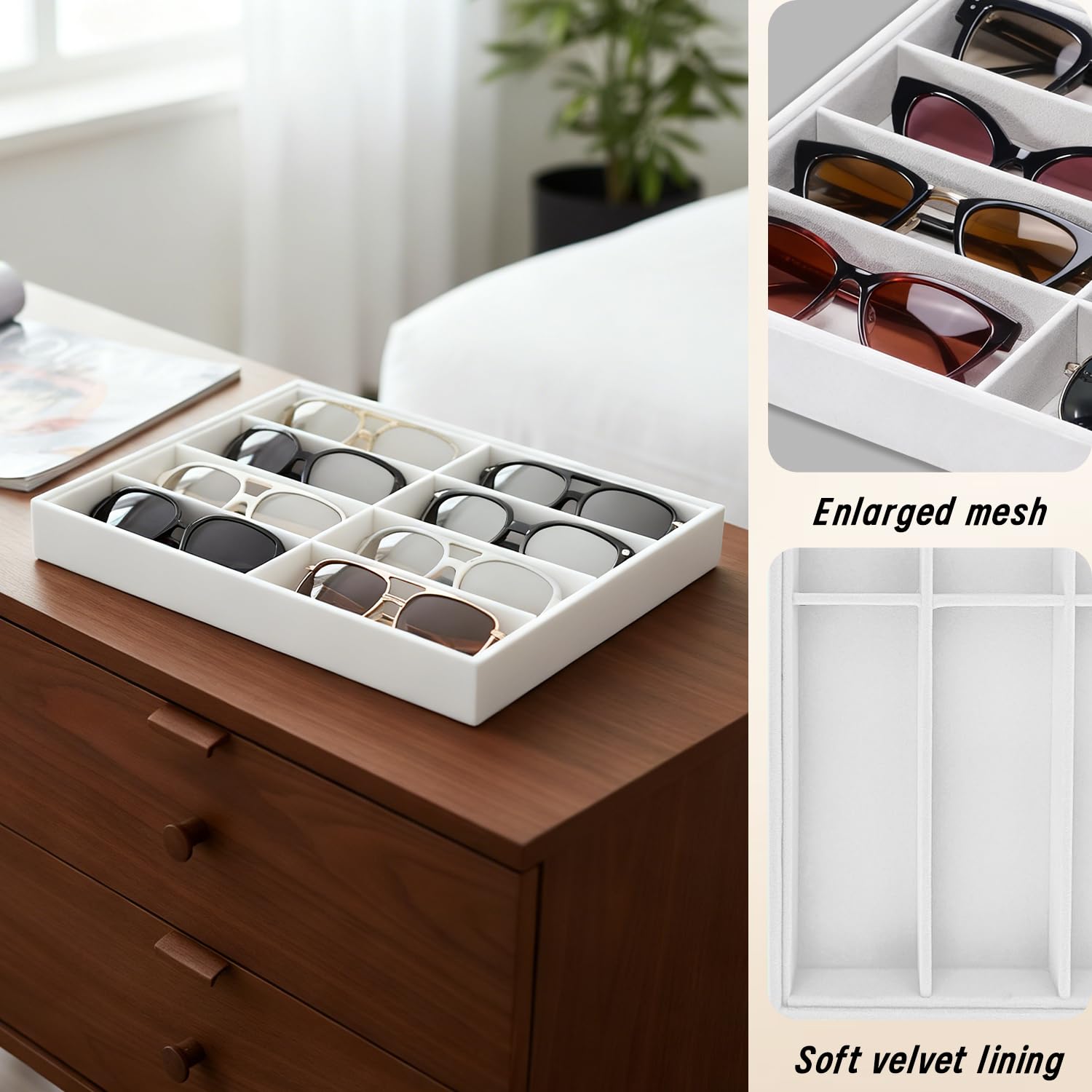 Organisateur de Lunettes avec Plateau en Velours - Boîte de Rangement à 8 Compartiments pour Lunettes, à Placer dans Un tiroir ou à Exposer - 33,8 x 24,4 x 3,8 cm